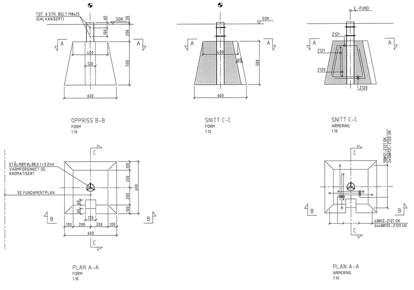 Fundamenttegninger for dvergsignal, med mål og armeringsdetaljer.