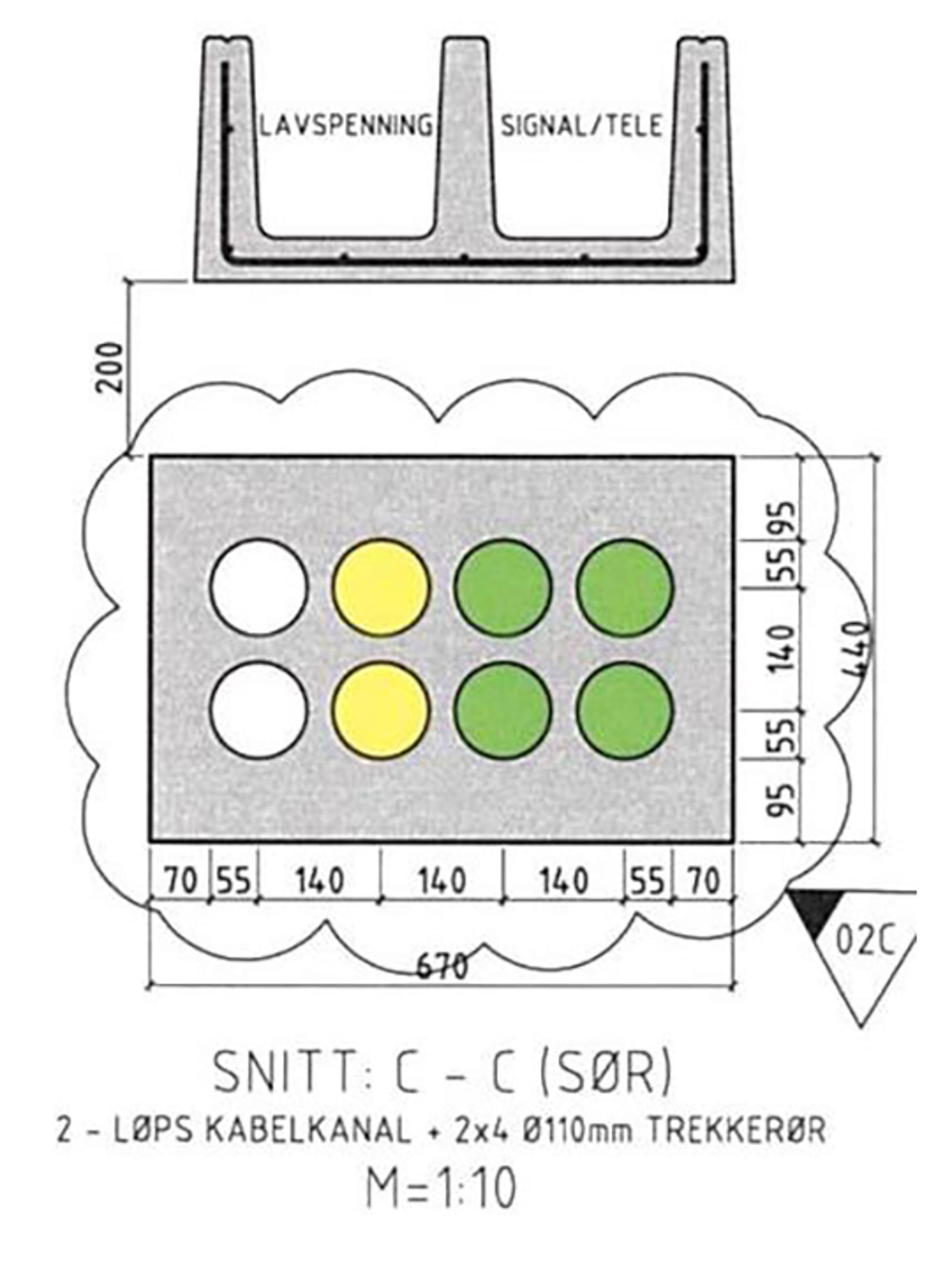 Snitt av kabelkanal med to løp og 2x4 Ø110 mm trekkerør i betong.