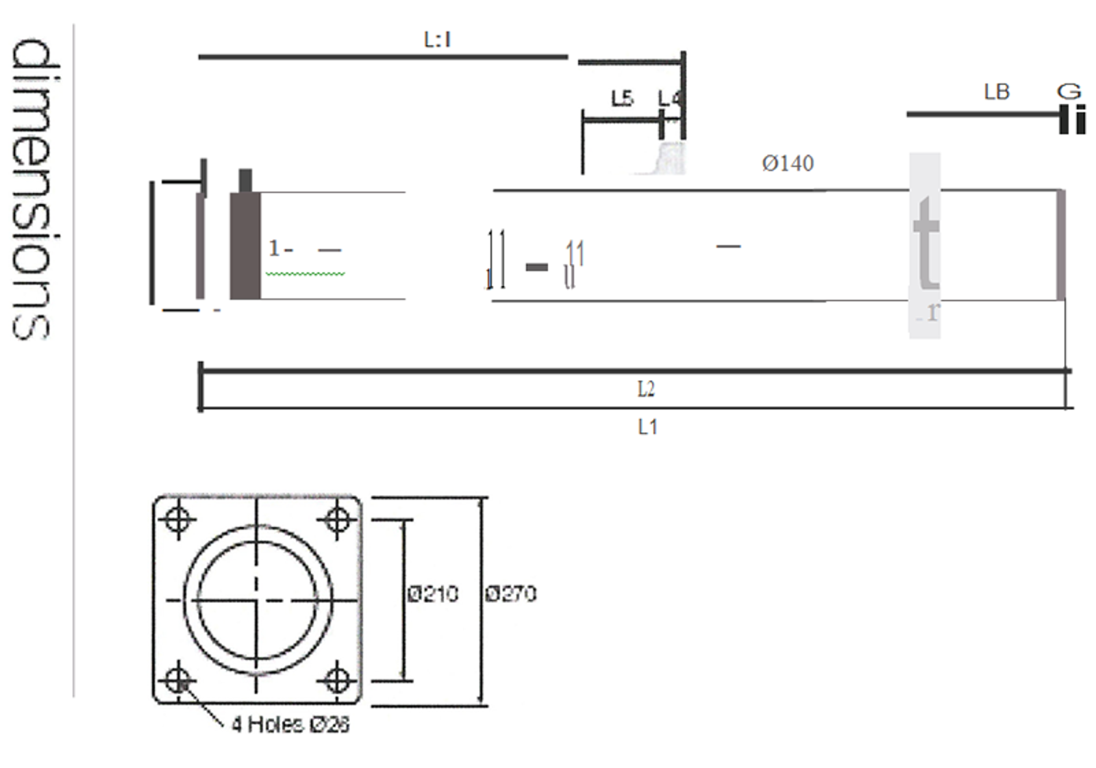 Teknisk tegning av OLEO Type 9 hydraulisk buffer med målsettinger.