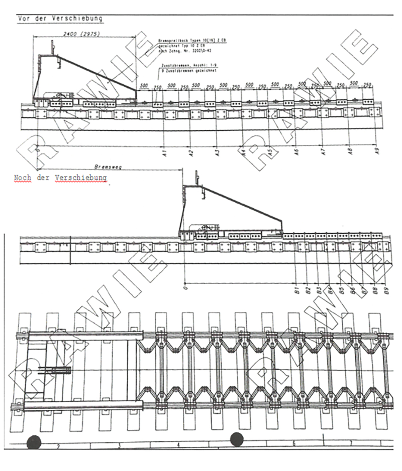 Teknisk tegning av glidende sporstopper med bremseklosser.