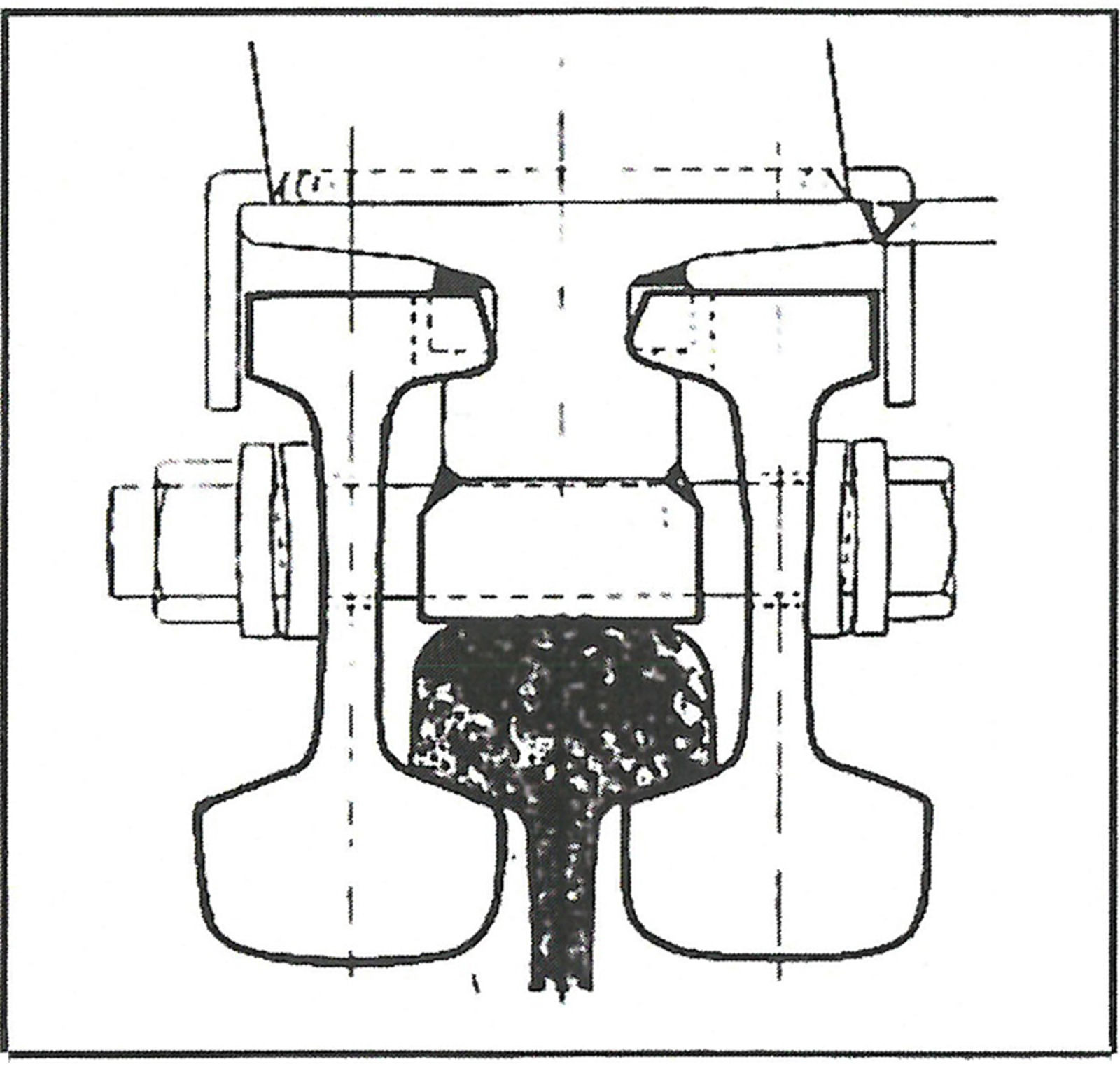 Teknisk tegning av festet mellom sporstopper og jernbaneskinne.