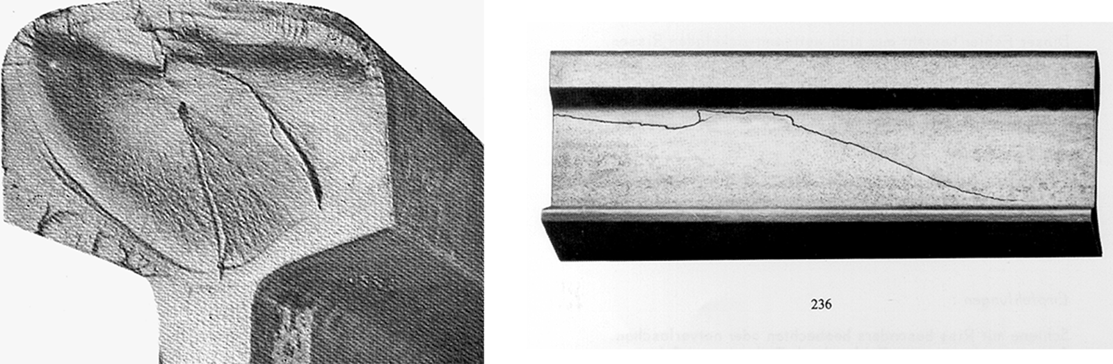 To skinnefeil: nyreformet brudd i tverrsnitt og horisontal sprekk i steget på skinneprofil.