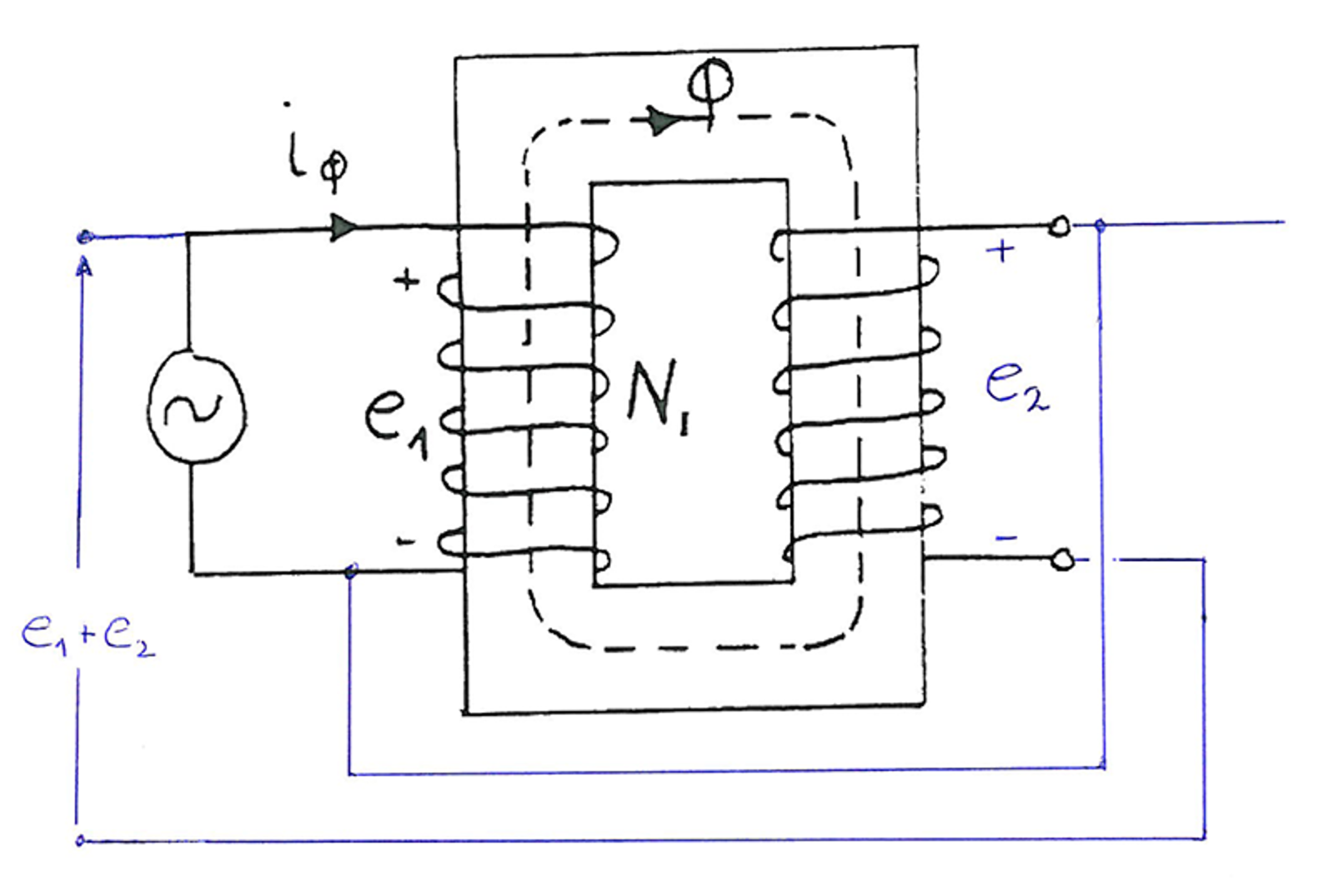 Prinsippskisse av autotransformator der to viklinger er koblet sammen for å summere spenning.