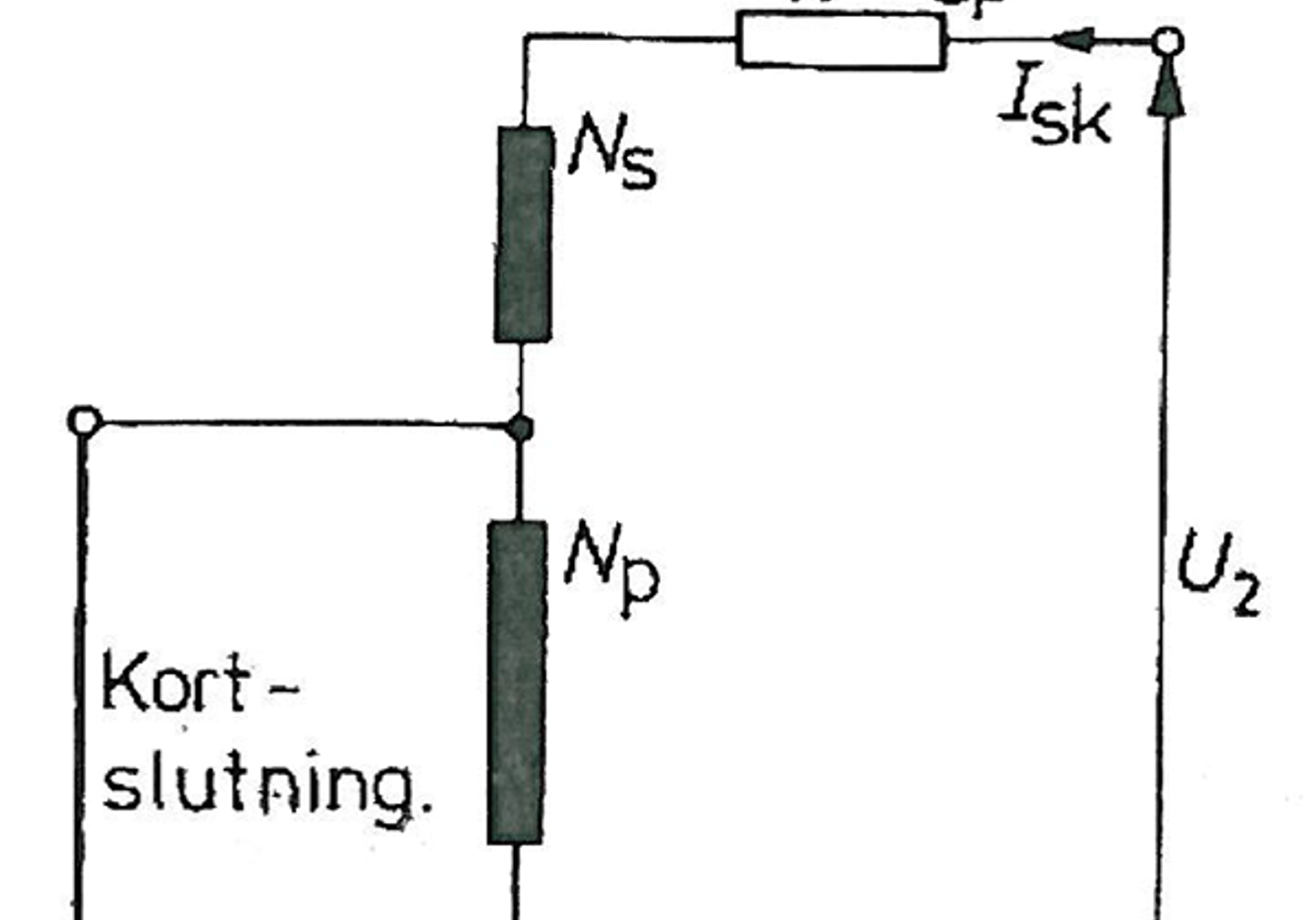 Kortslutningsskjema for autotransformator med kortsluttet fellesvikling og spenning over Ns.