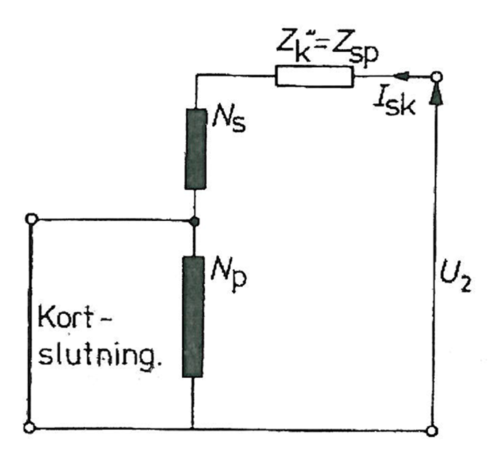 Kortslutningsskjema for autotransformator med kortsluttet fellesvikling og spenning over Ns.