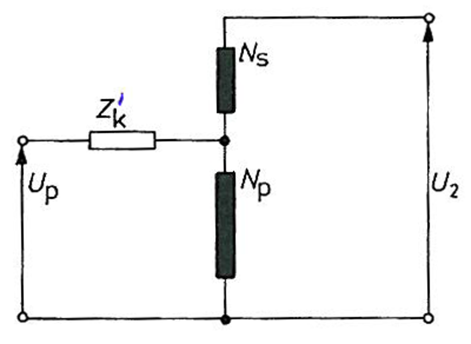 Ekvivalentskjema for autotransformator med impedans Zk og spenninger Up og U₂ over viklinger.