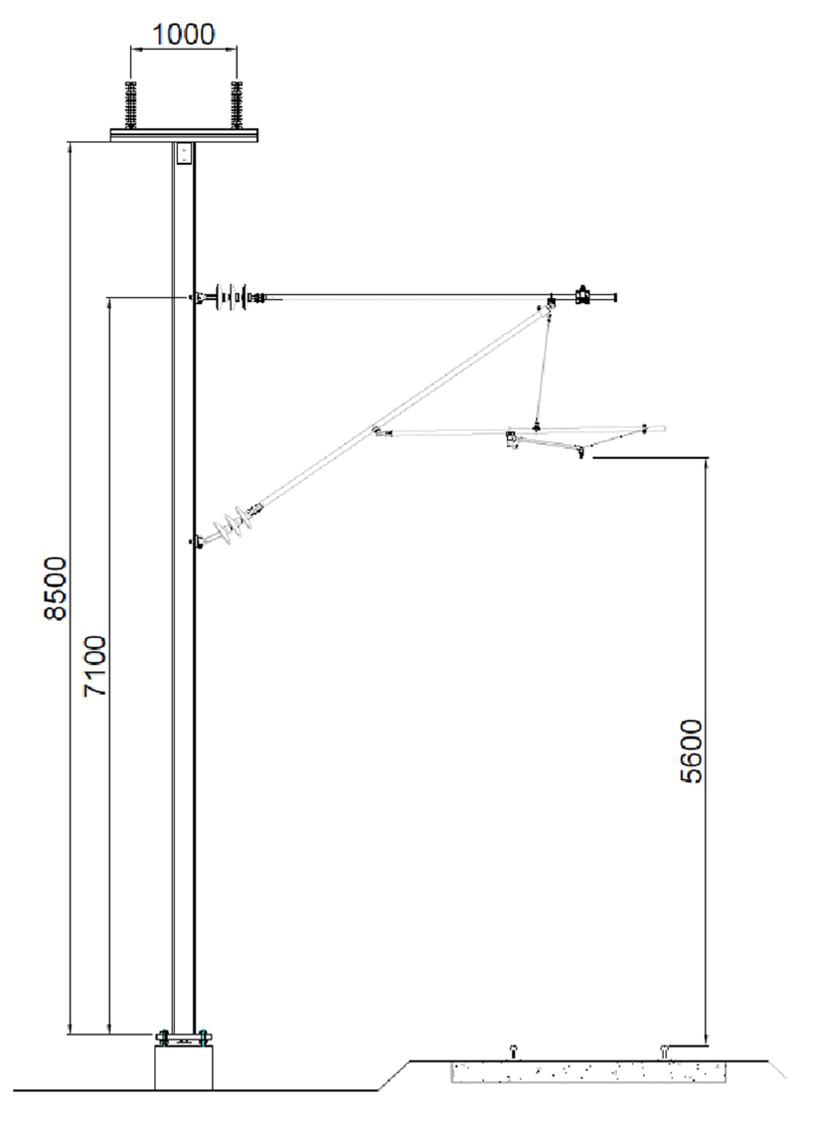 Oppbygning og dimensjoner for kontaktledningsmast tilpasset AT-system med PL og NL.