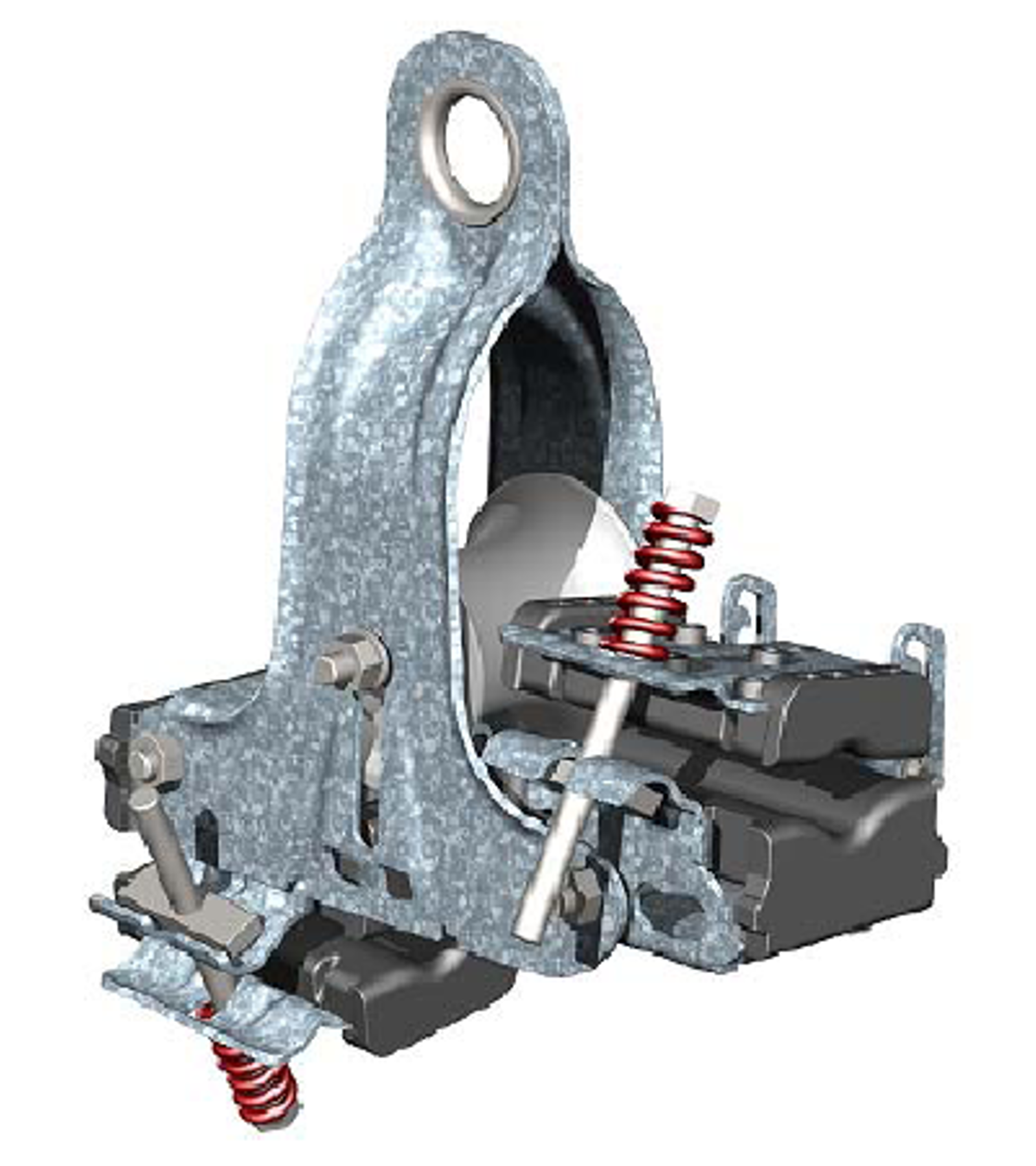 Mellomfeste for hengekabel med trinse og gummierte klemmer for kabelinnfesting.