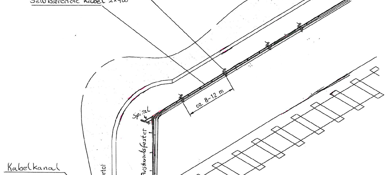 Skisse av overgang fra kabelkanal til selvbærende kabel ved tunnelmunning.