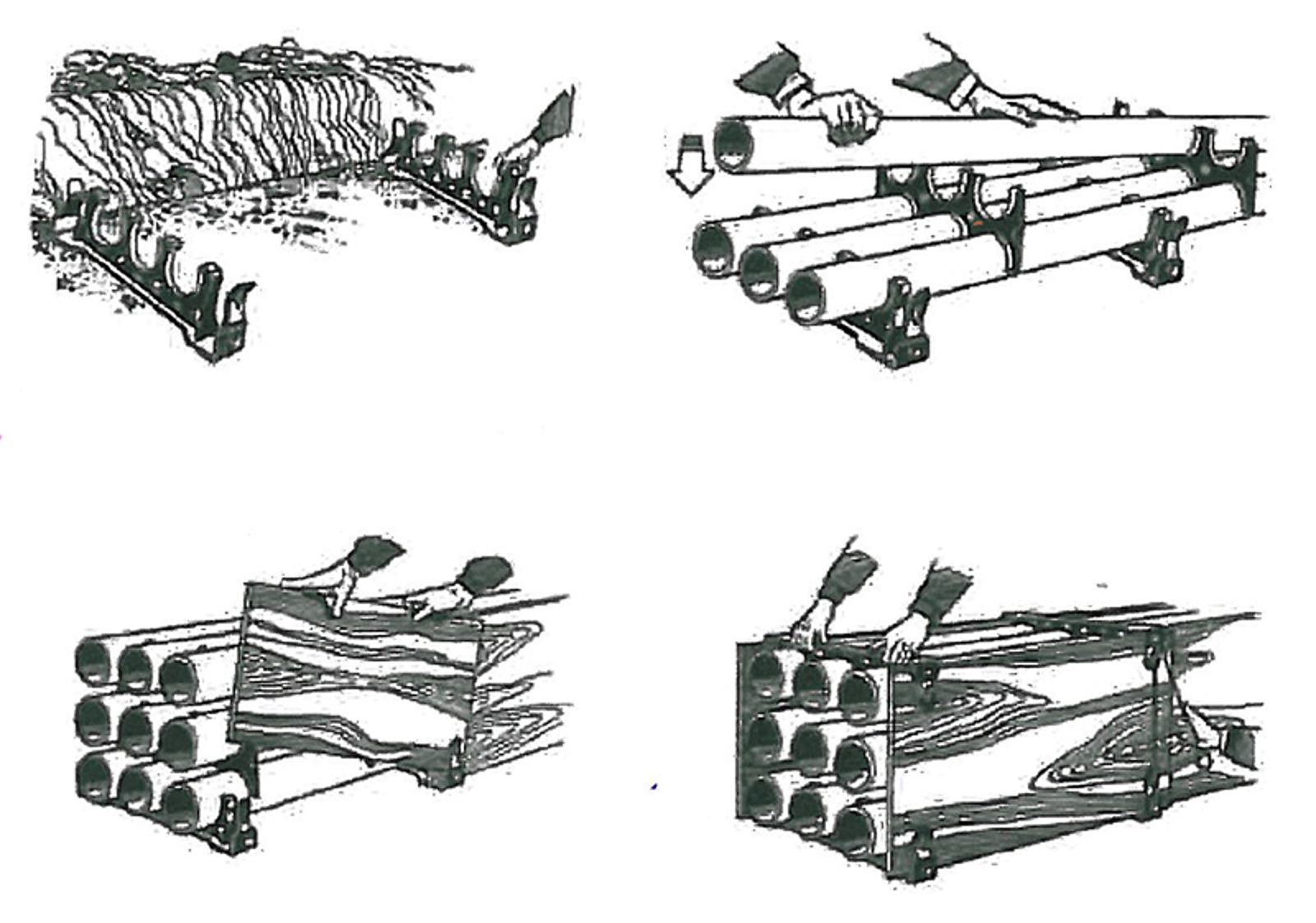 Firetrinns leggeanvisning for OPI-kanal med rør i flere lag og betonginnstøping.