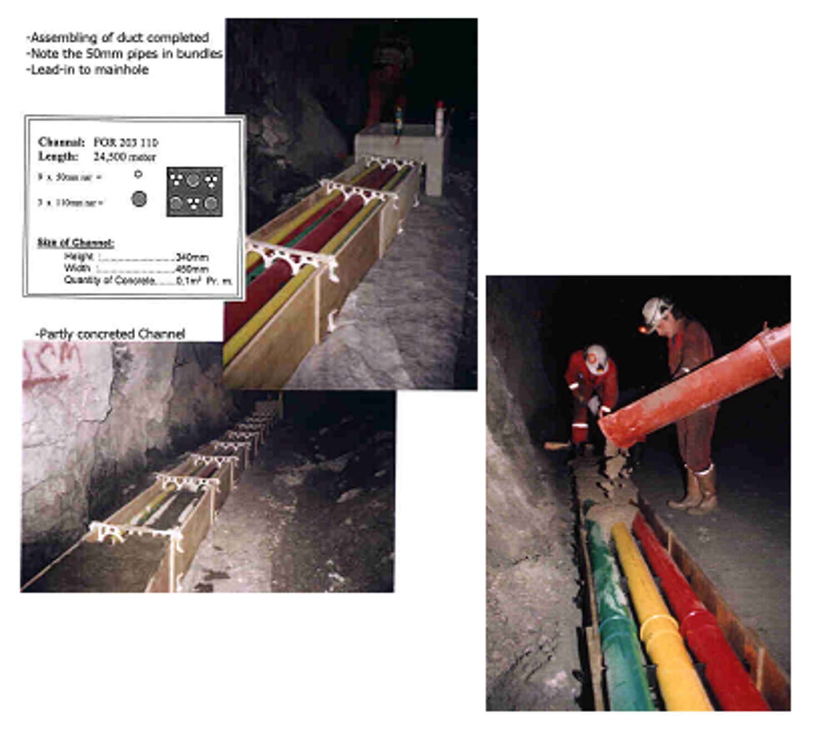 Legging og støping av OPI-kanal med fargekodede rør i veitunnel.