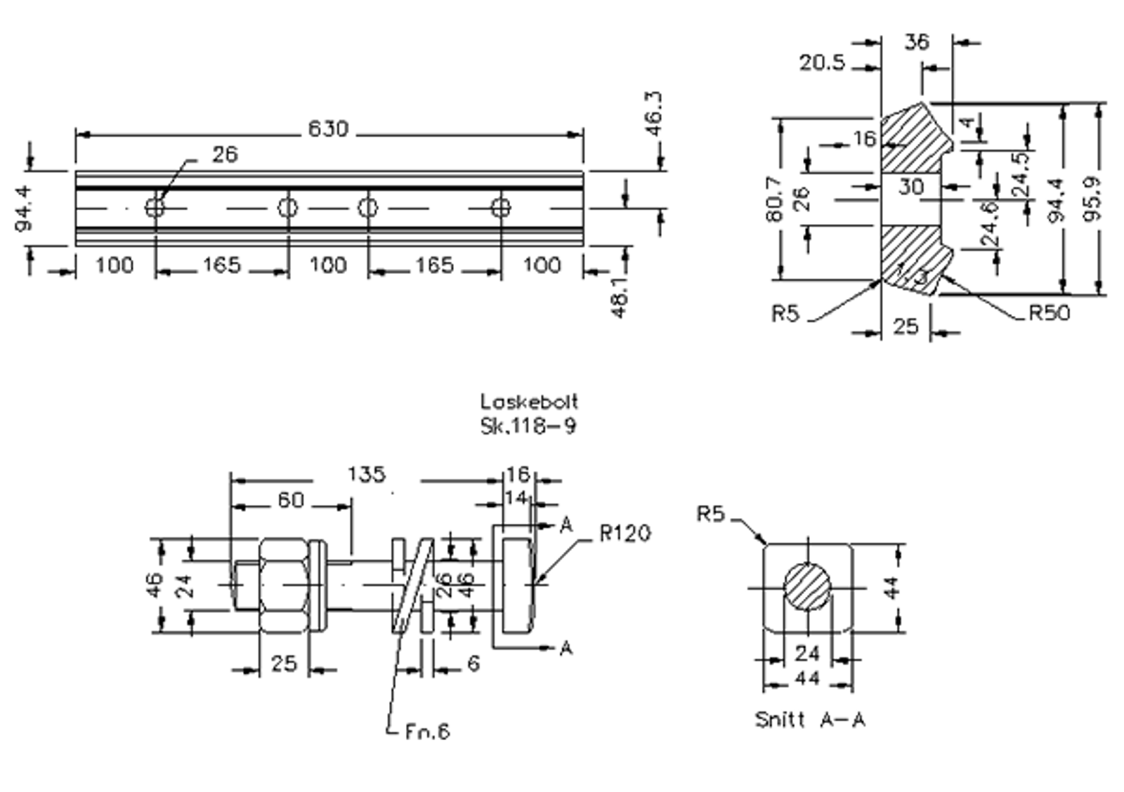 Teknisk tegning av laskeskjøt med lasker, bolter og snittvisning.