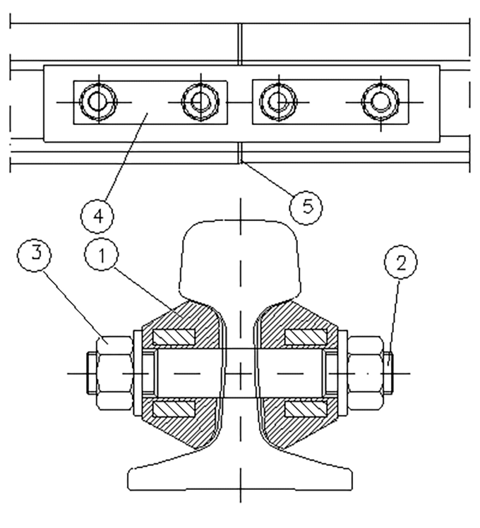 Teknisk tegning av Benkler isolert skjøt med lasker, bolter og isolerende mellomlegg.