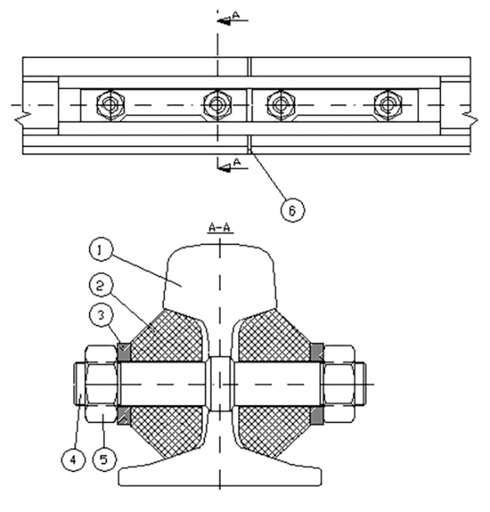 Teknisk tegning av Exel isolert skjøt med bolter og lasker.