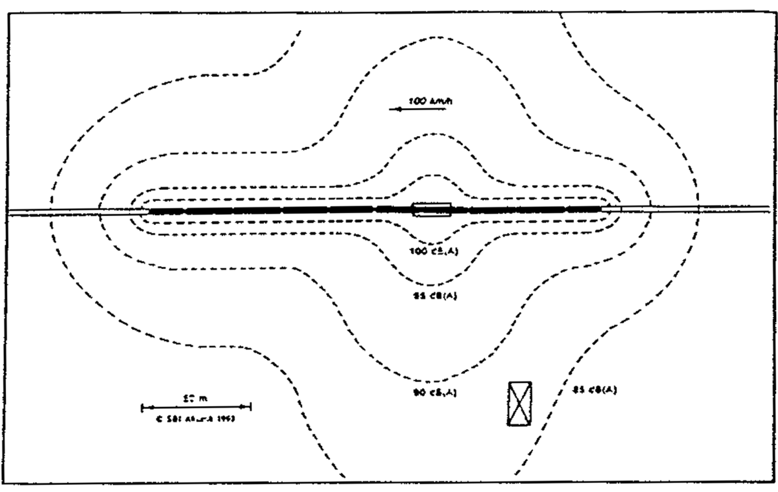 Støyutbredelse fra stålbrukonstruksjon med 6 dB høyere nivå enn normal banefundament.