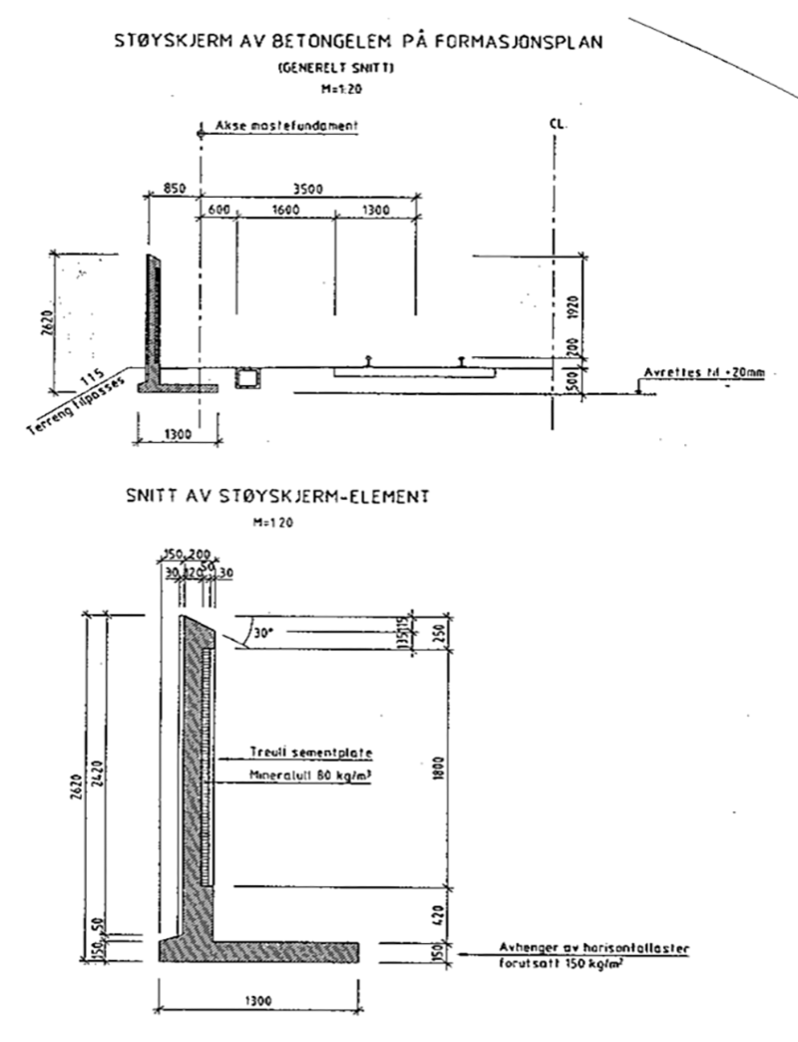 Skisse av støyskjerm i betong plassert på formasjonsplan.