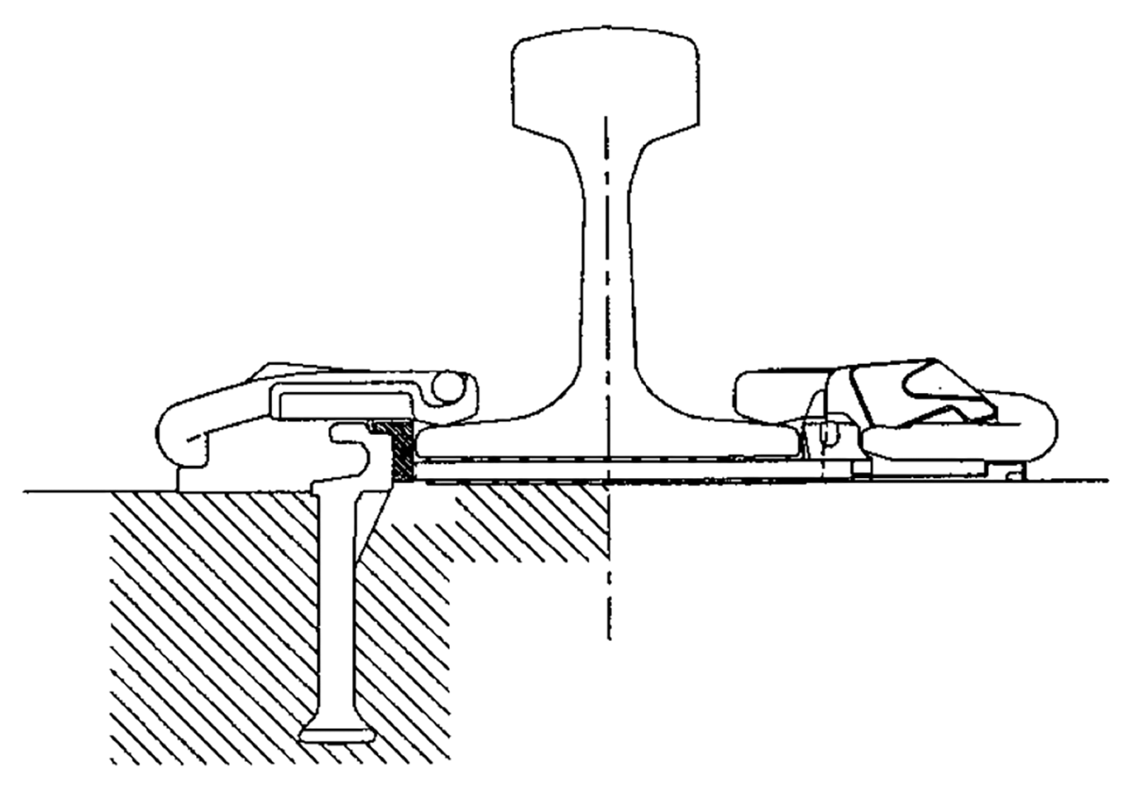 Illustrasjon av Pandrol Fastclip-system for skinnebefestigelse.