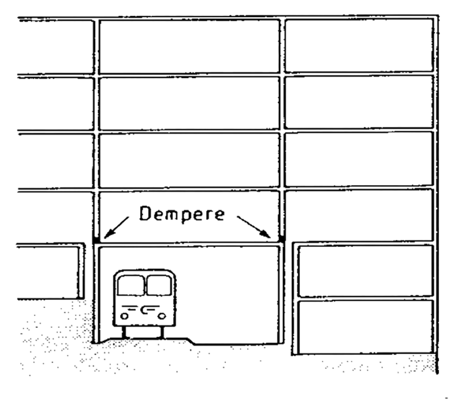 Illustrasjon av gummidempere plassert mellom skinnegang og bygningskropp.