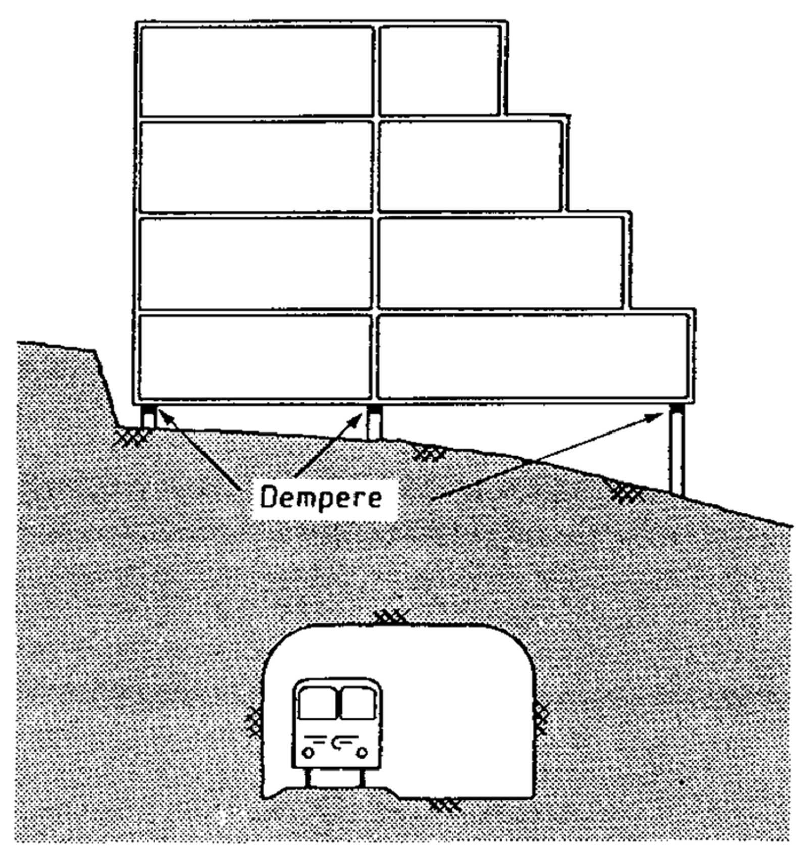 Dempere i hus over en tunnel i fjell, vist med piler som indikerer plassering.