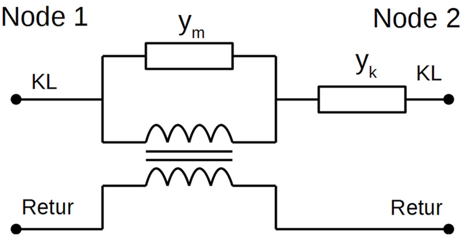 Ekvivalentskjema for sugetransformator med admittansene ym og yk mellom KL og retur.