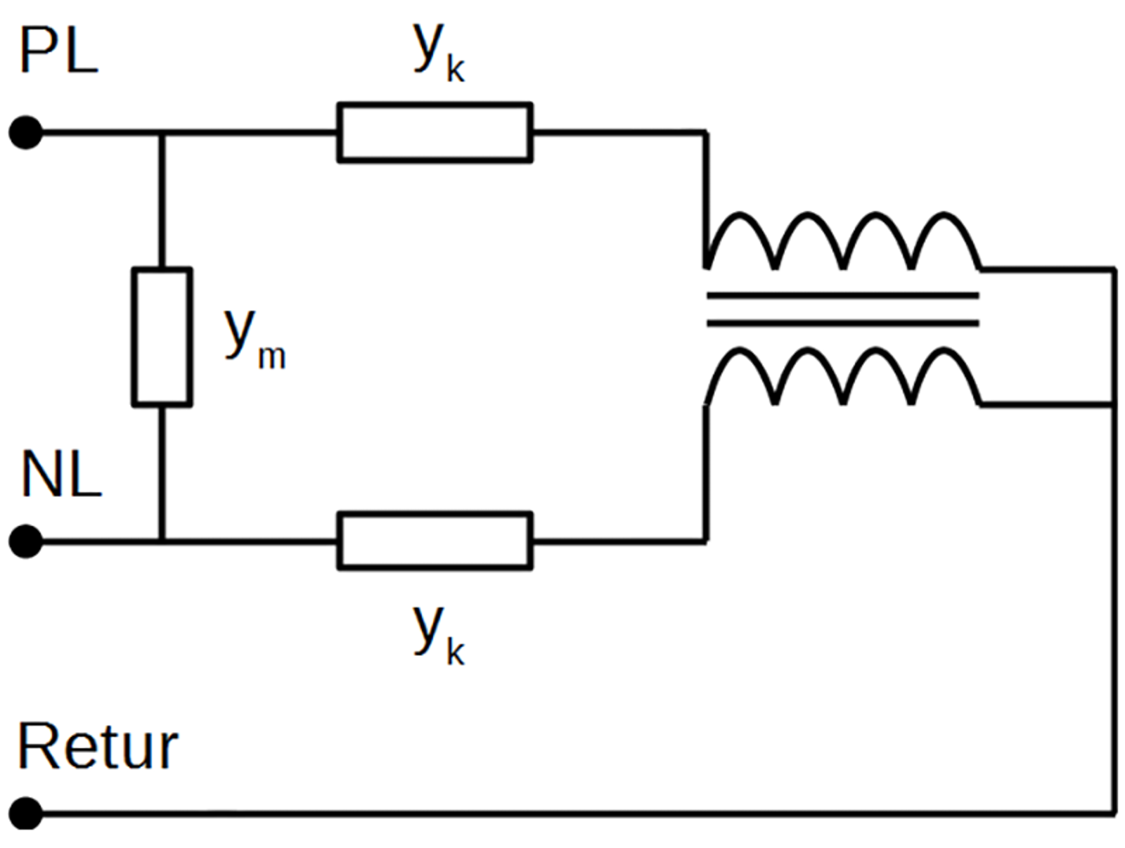 Ekvivalentskjema for autotransformator med PL, NL, retur og admittanser ym og yk.