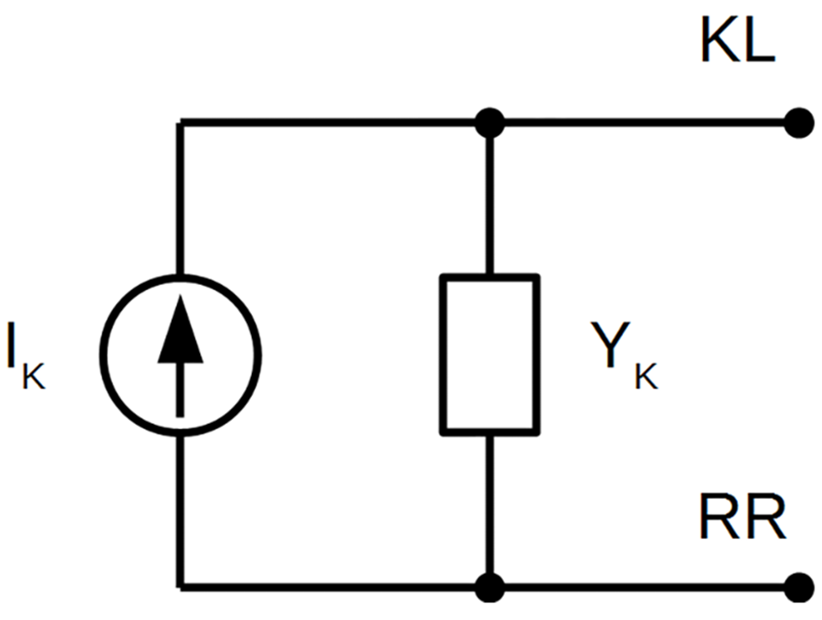 Norton-ekvivalent med strøm- og admittanskilde mellom KL og RR i en jernbanekrets.