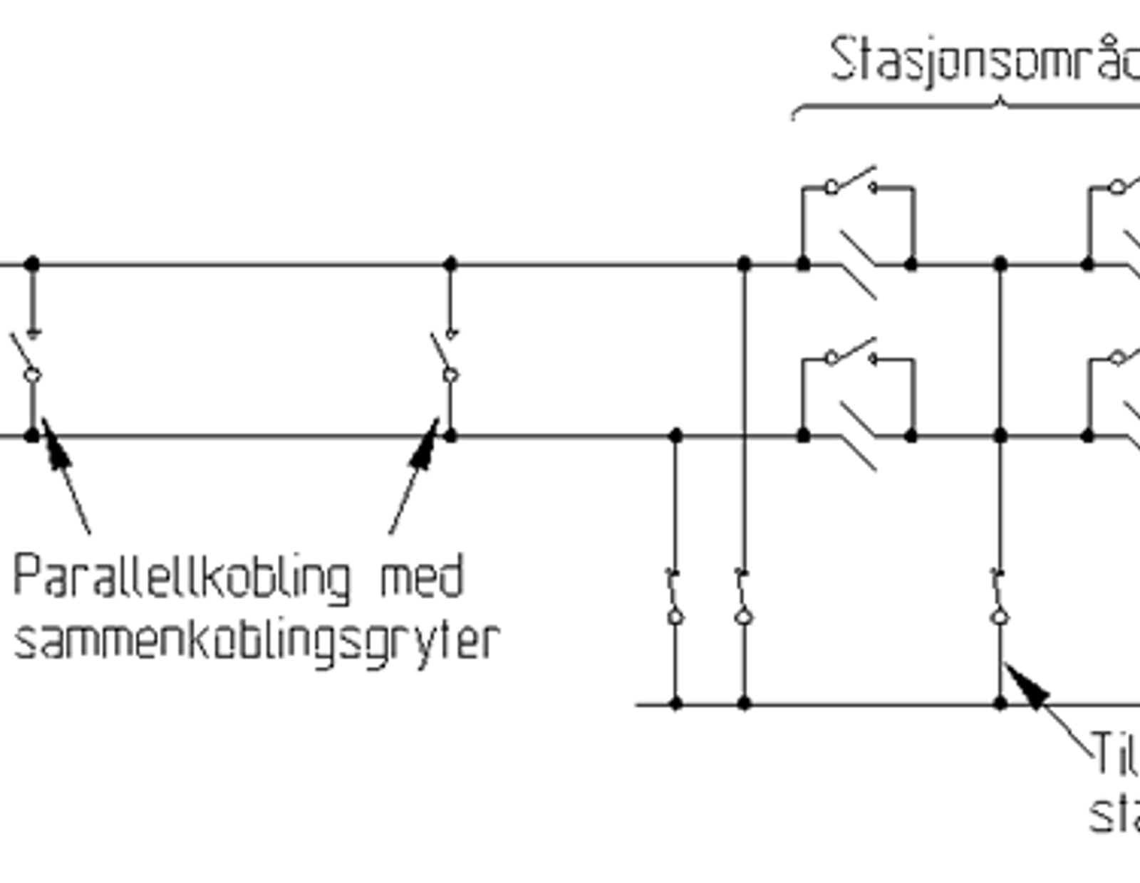 Koblingsbilde for kontaktledningsanlegg med seksjonsdelere, ssk og stasjonsområde.