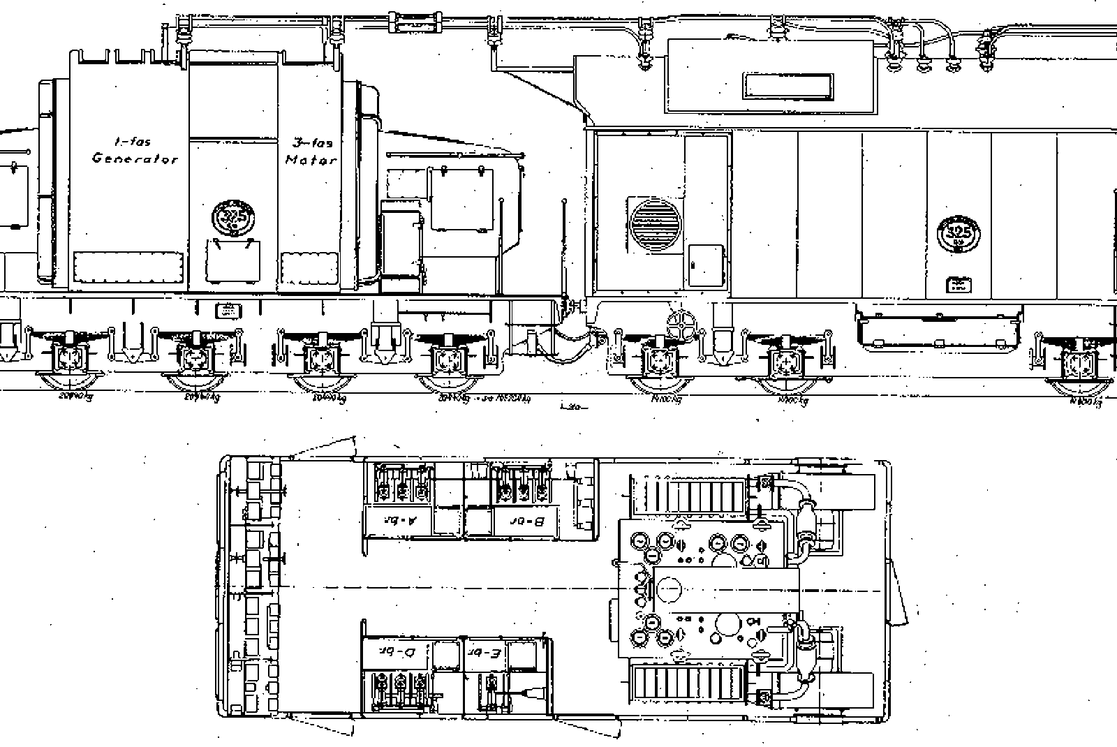 Transportabel roterende omformer med motor, generator og tre vogner i teknisk tegning.