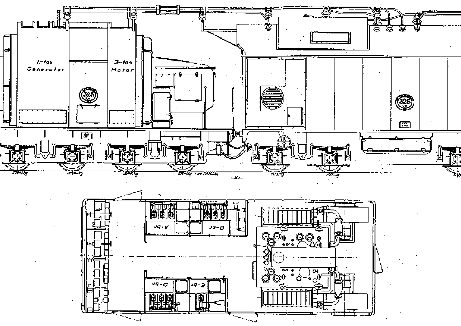 Transportabel roterende omformer med motor, generator og tre vogner i teknisk tegning.