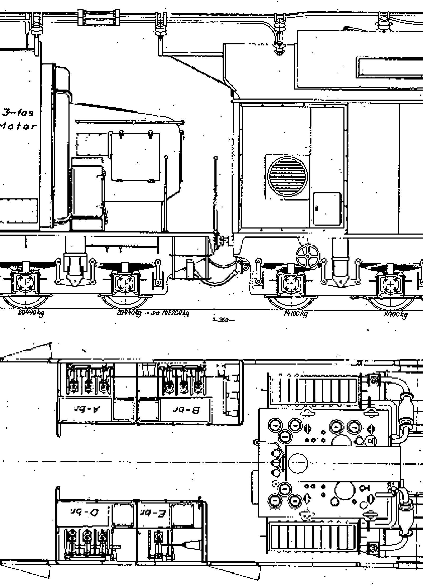 Transportabel roterende omformer med motor, generator og tre vogner i teknisk tegning.