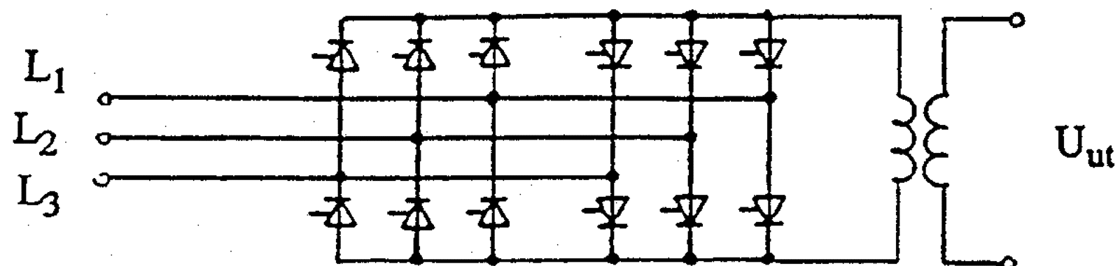 Koblingsskjema med dobbelt brokobling av tyristorer i en direkteomformer.