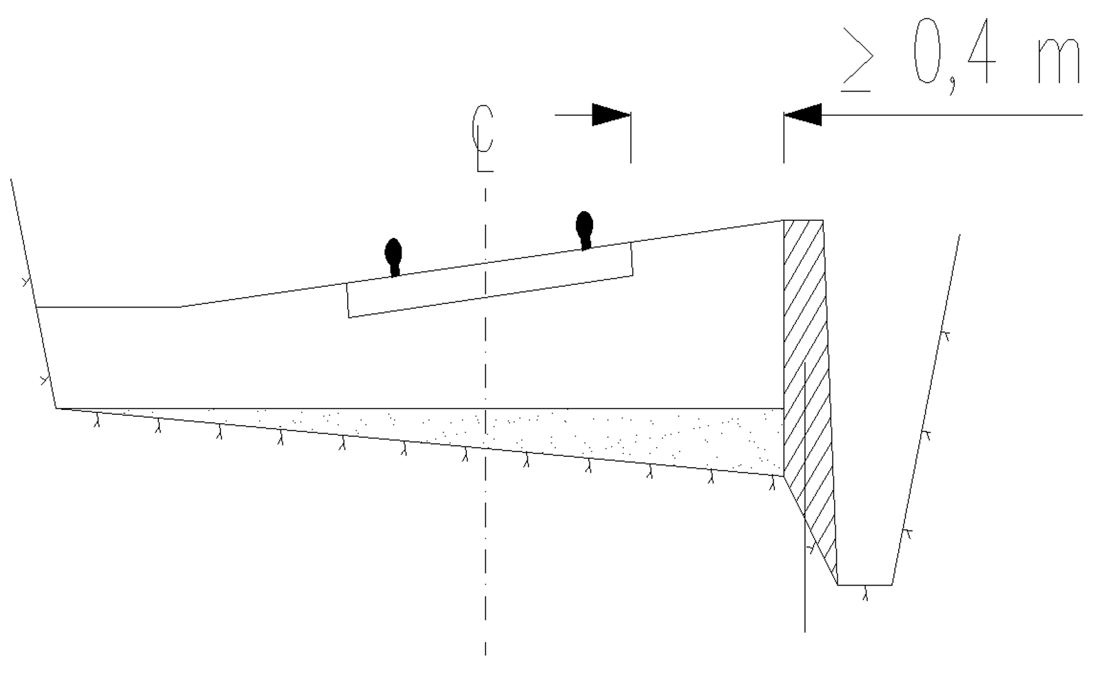 Prinsippskisse av åpen grøft med forankret betongmur i trange fjellskjæringer.