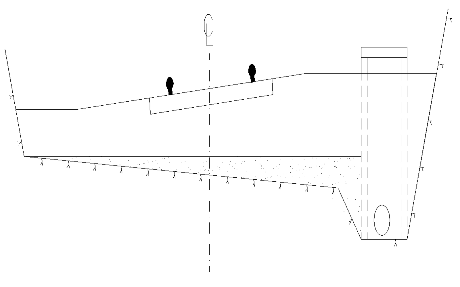 Prinsippskisse av grøft der åpen løsning erstattes med rør og kummer i fjellskjæringer.