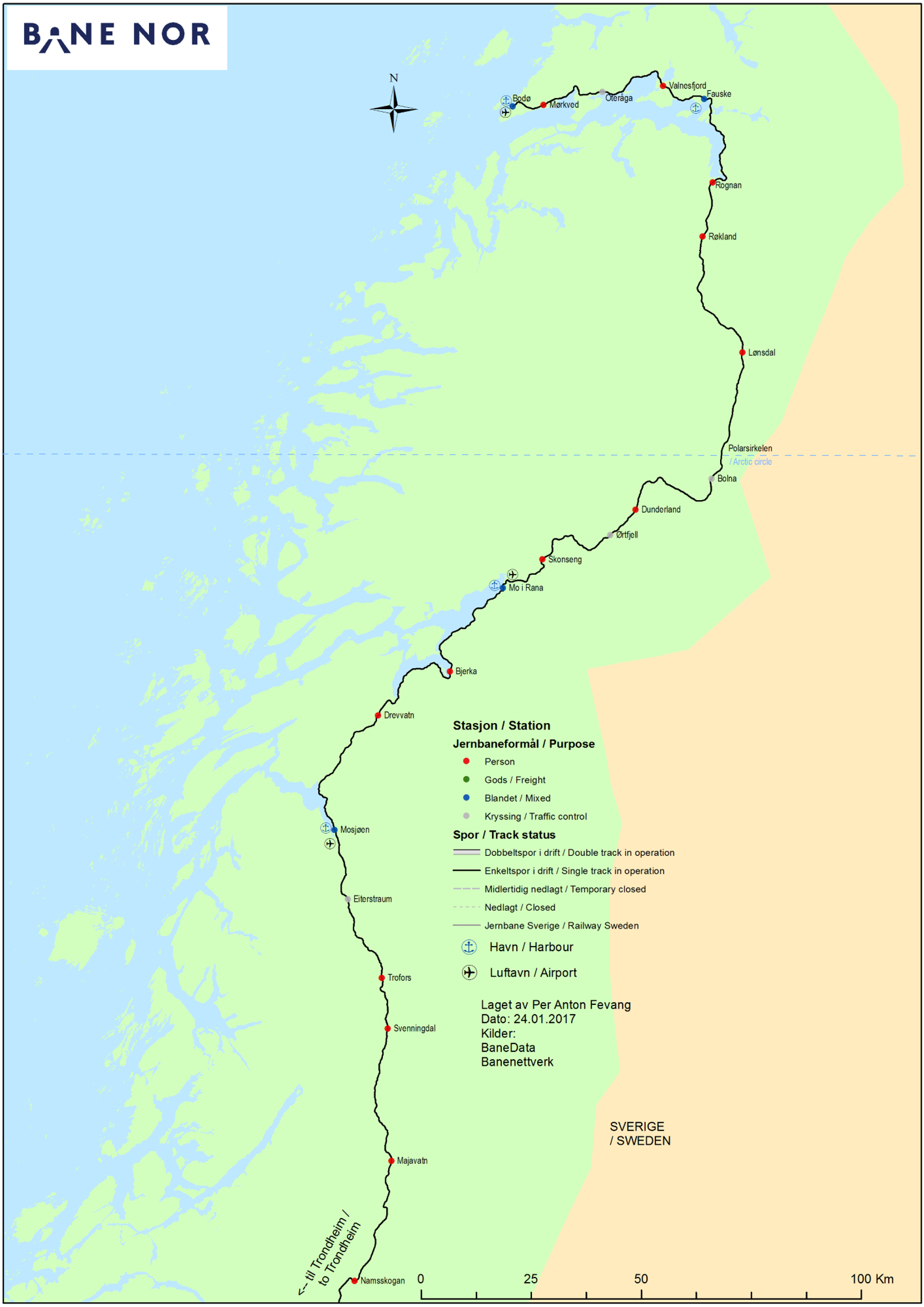 Kart over strekninger langs Nordlandsbanen.