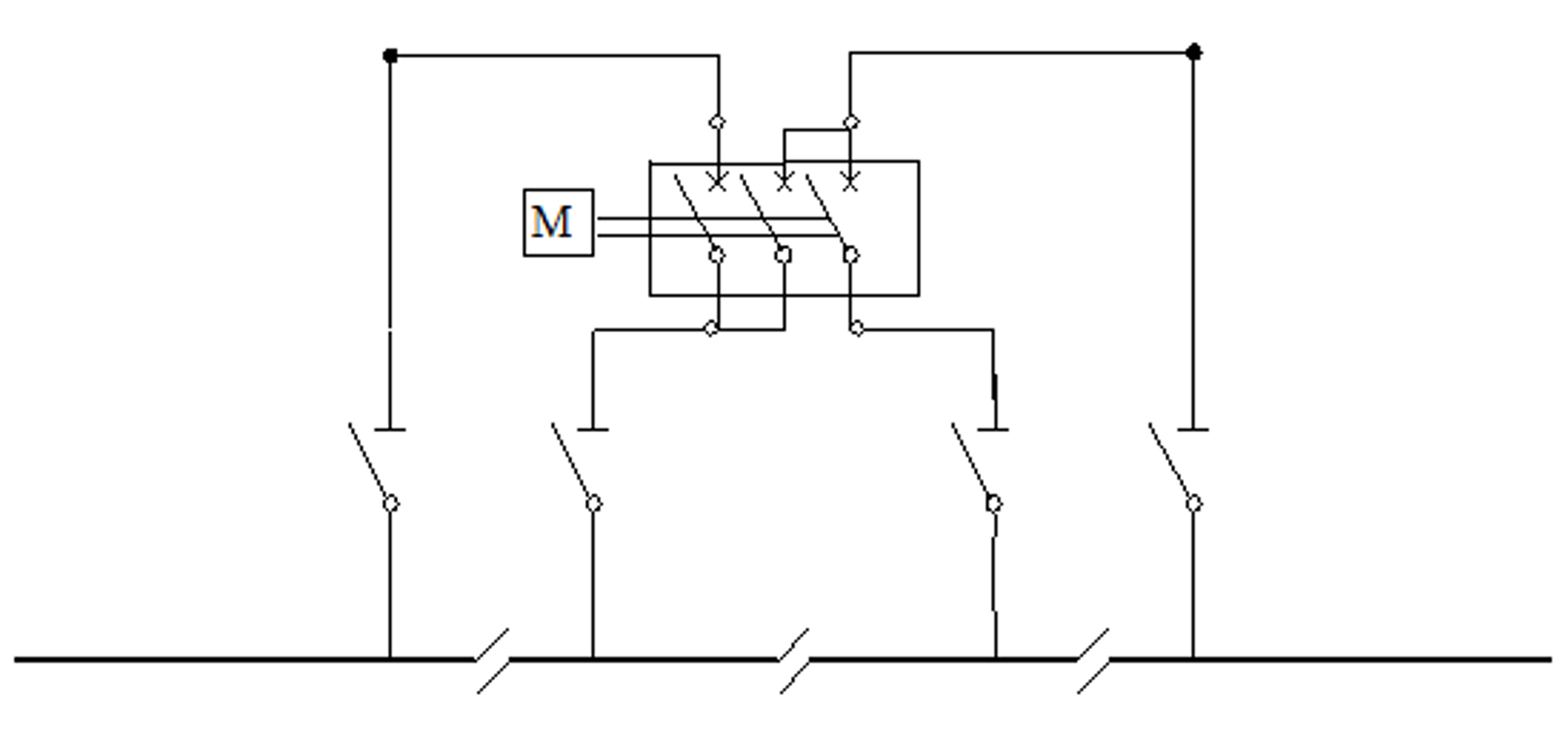 Enlinjeskjema som viser motorstyrt sonegrensebryter med fire tilkoblede kontaktledningsbrytere.