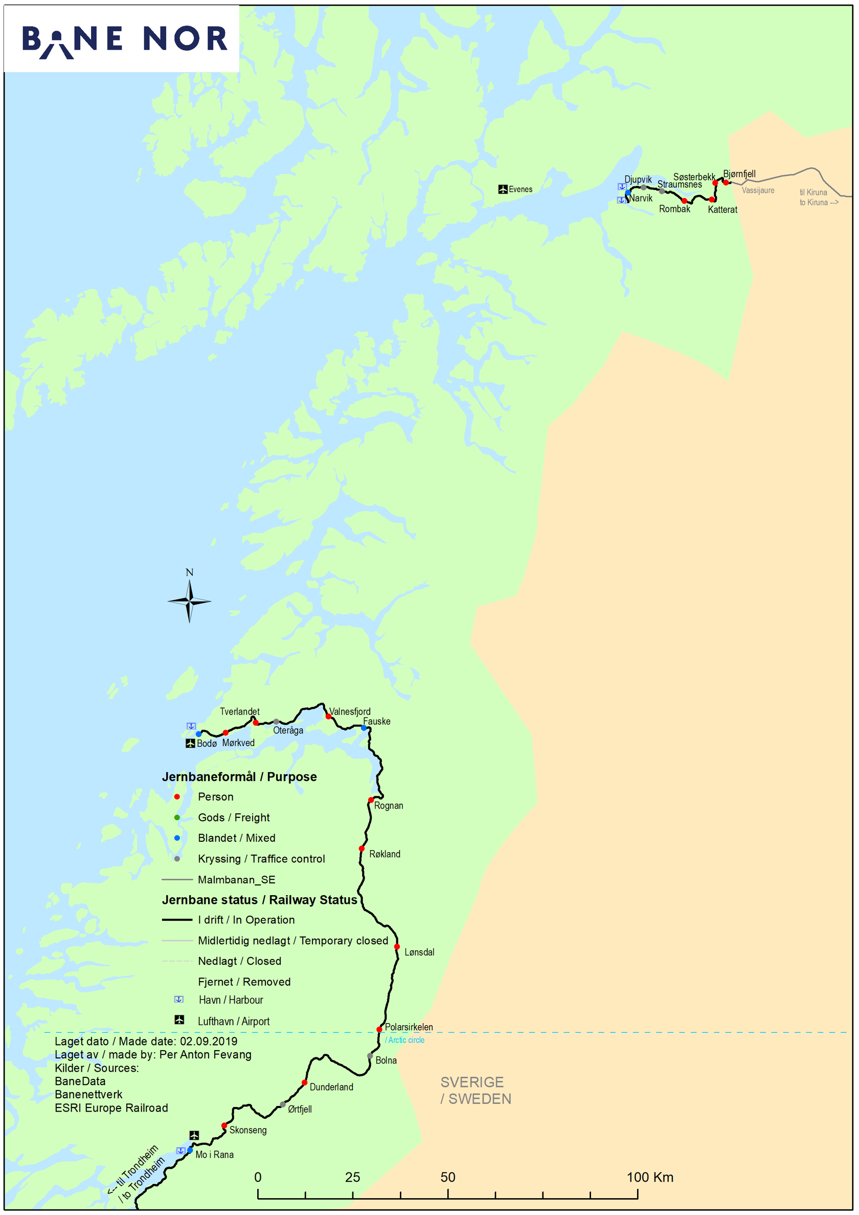 Kart over strekninger langs Nordlandsbanen og Ofotbanen