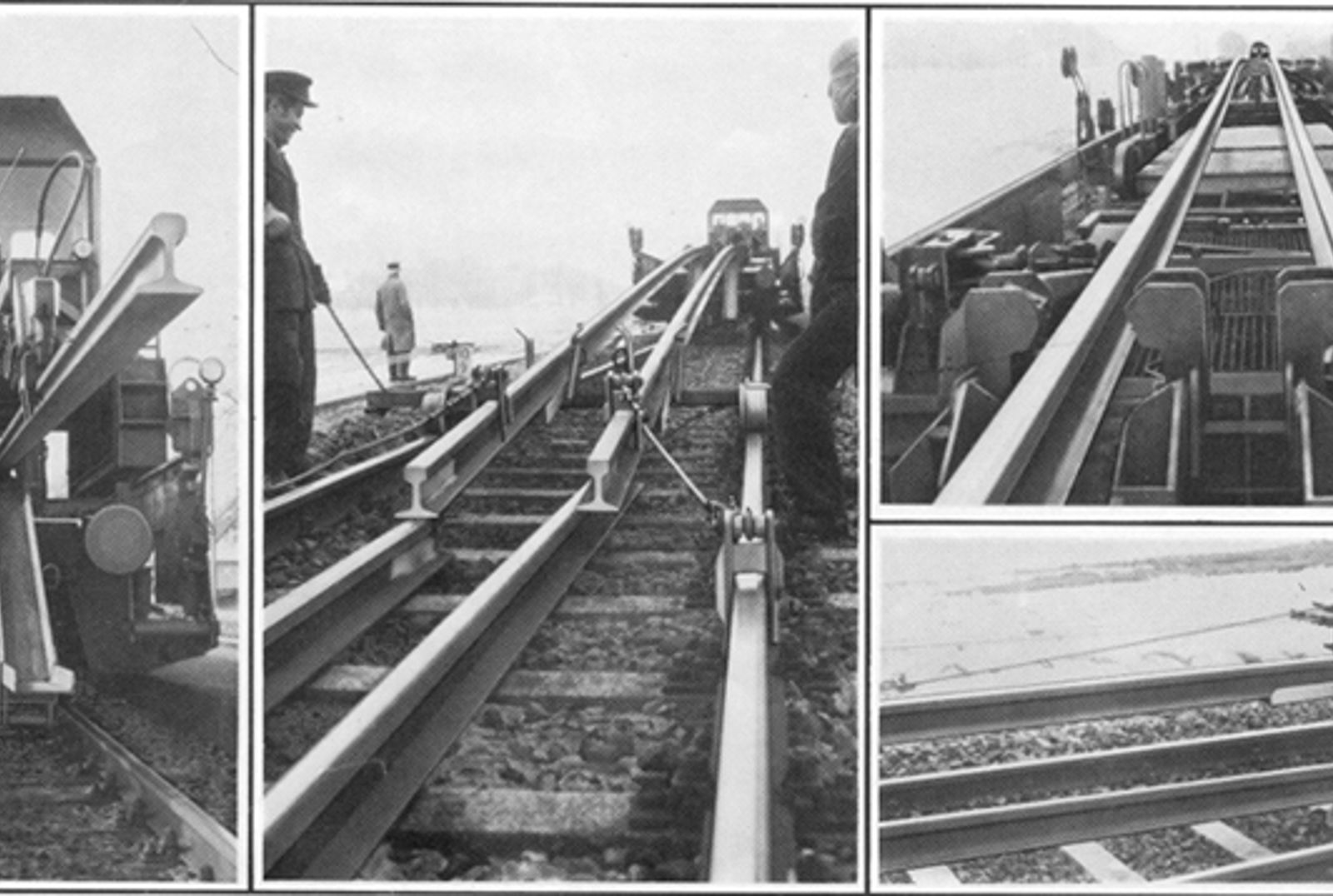 Langskinnetog med mekanisk system for skinnelegging, inkludert ruller og styringsmekanismer.