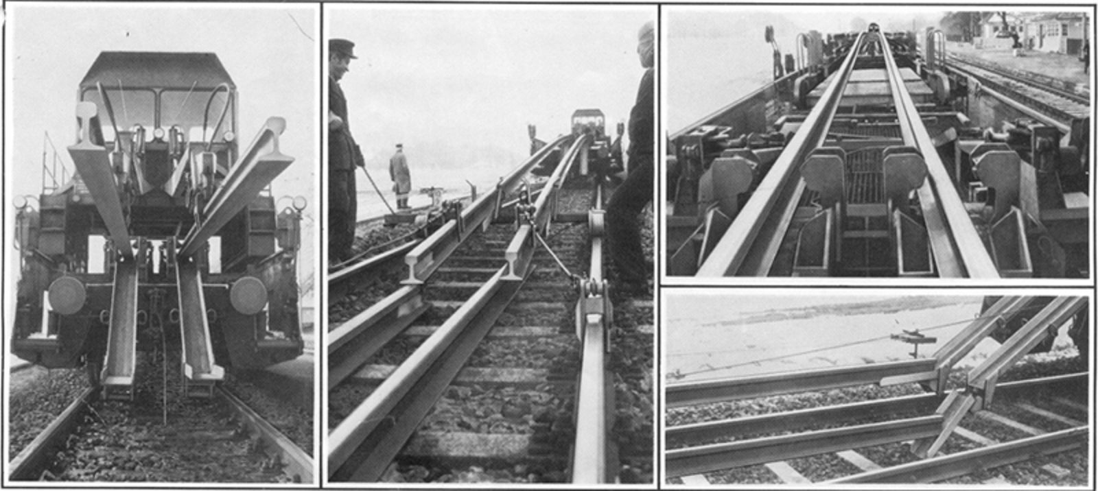 Langskinnetog med mekanisk system for skinnelegging, inkludert ruller og styringsmekanismer.