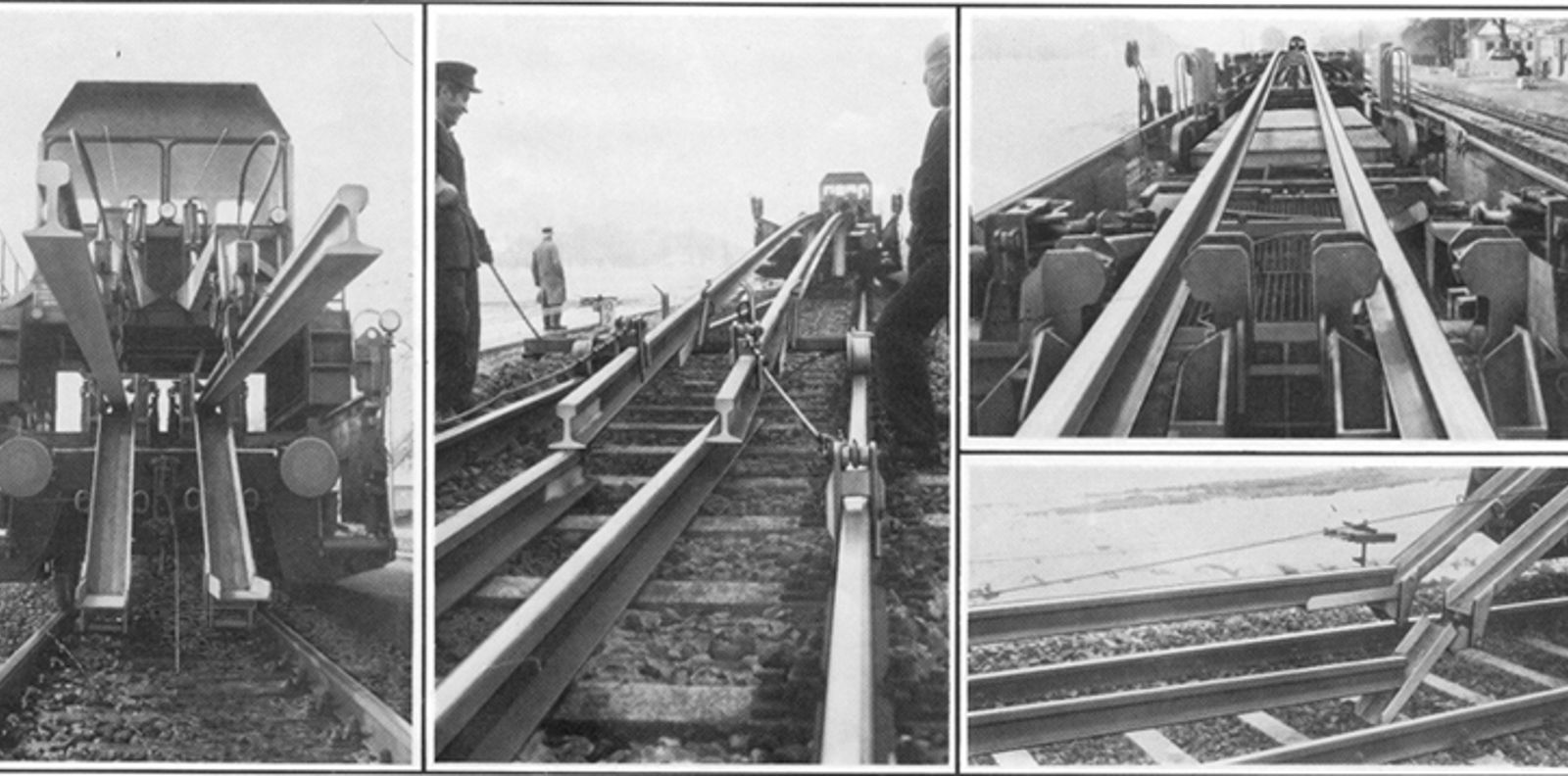 Langskinnetog med mekanisk system for skinnelegging, inkludert ruller og styringsmekanismer.