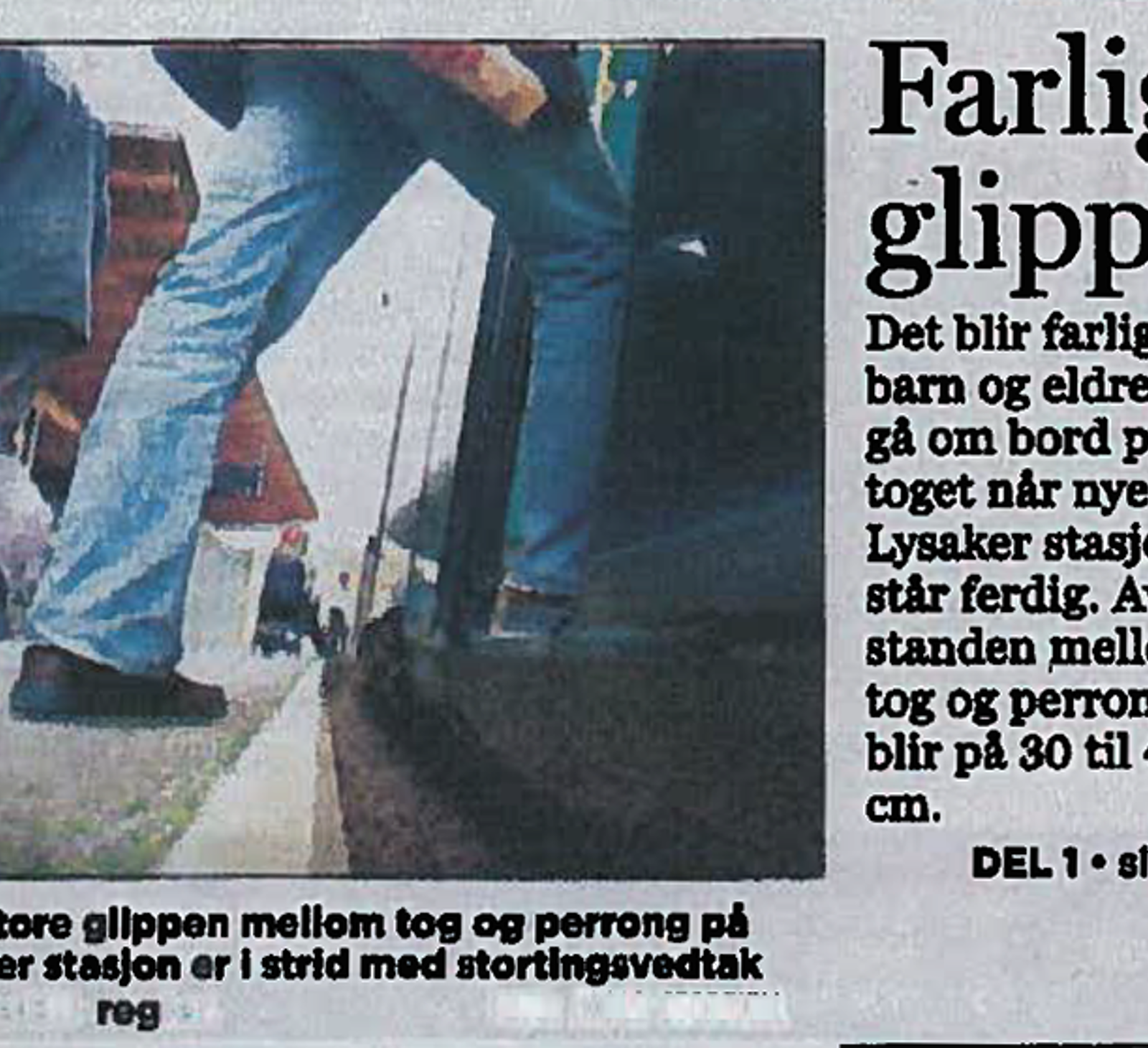 Faksimile fra Aftenposten om farlig glippe mellom tog og plattform ved nye Lysaker stasjon.