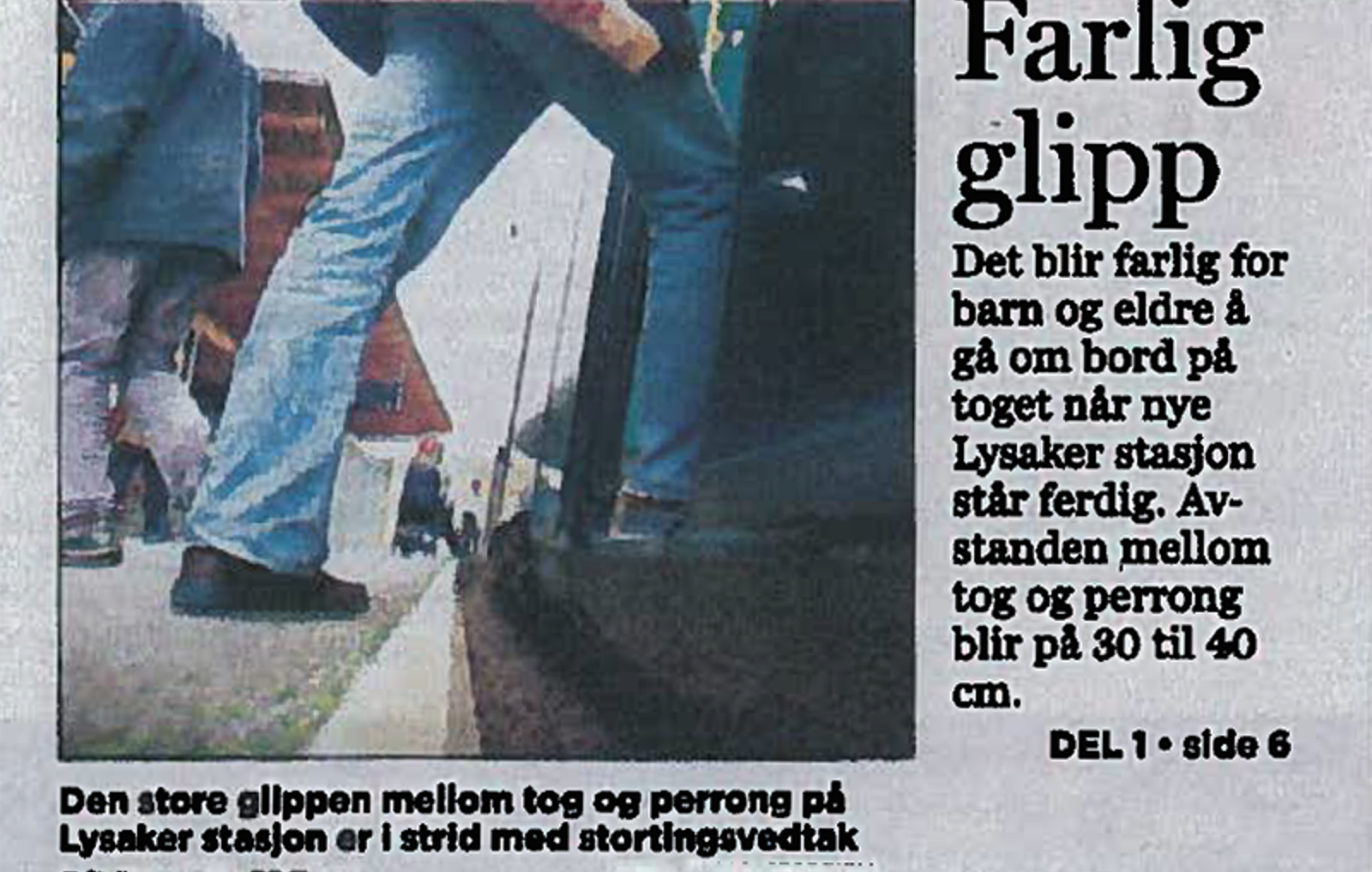 Faksimile fra Aftenposten om farlig glippe mellom tog og plattform ved nye Lysaker stasjon.