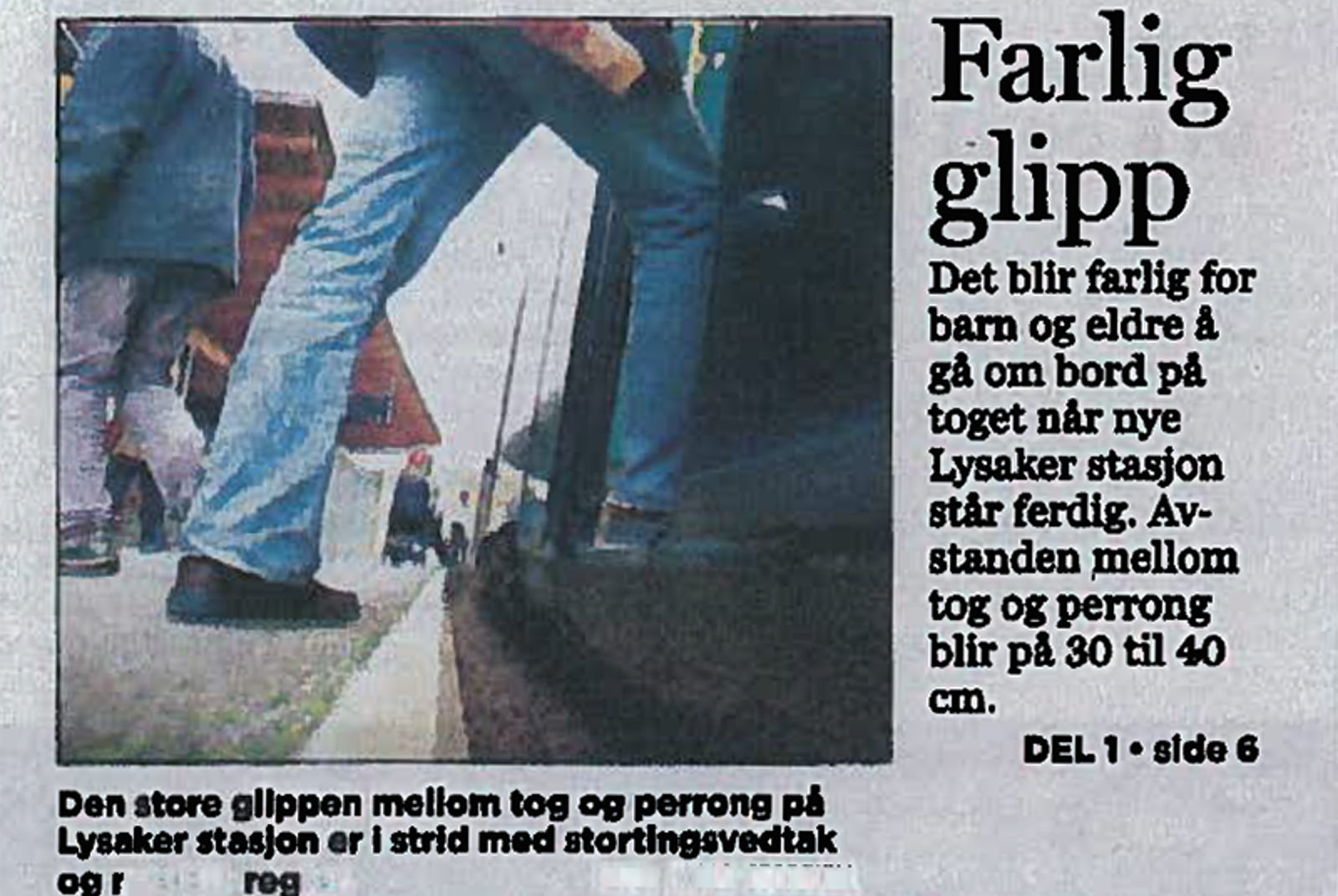 Faksimile fra Aftenposten om farlig glippe mellom tog og plattform ved nye Lysaker stasjon.
