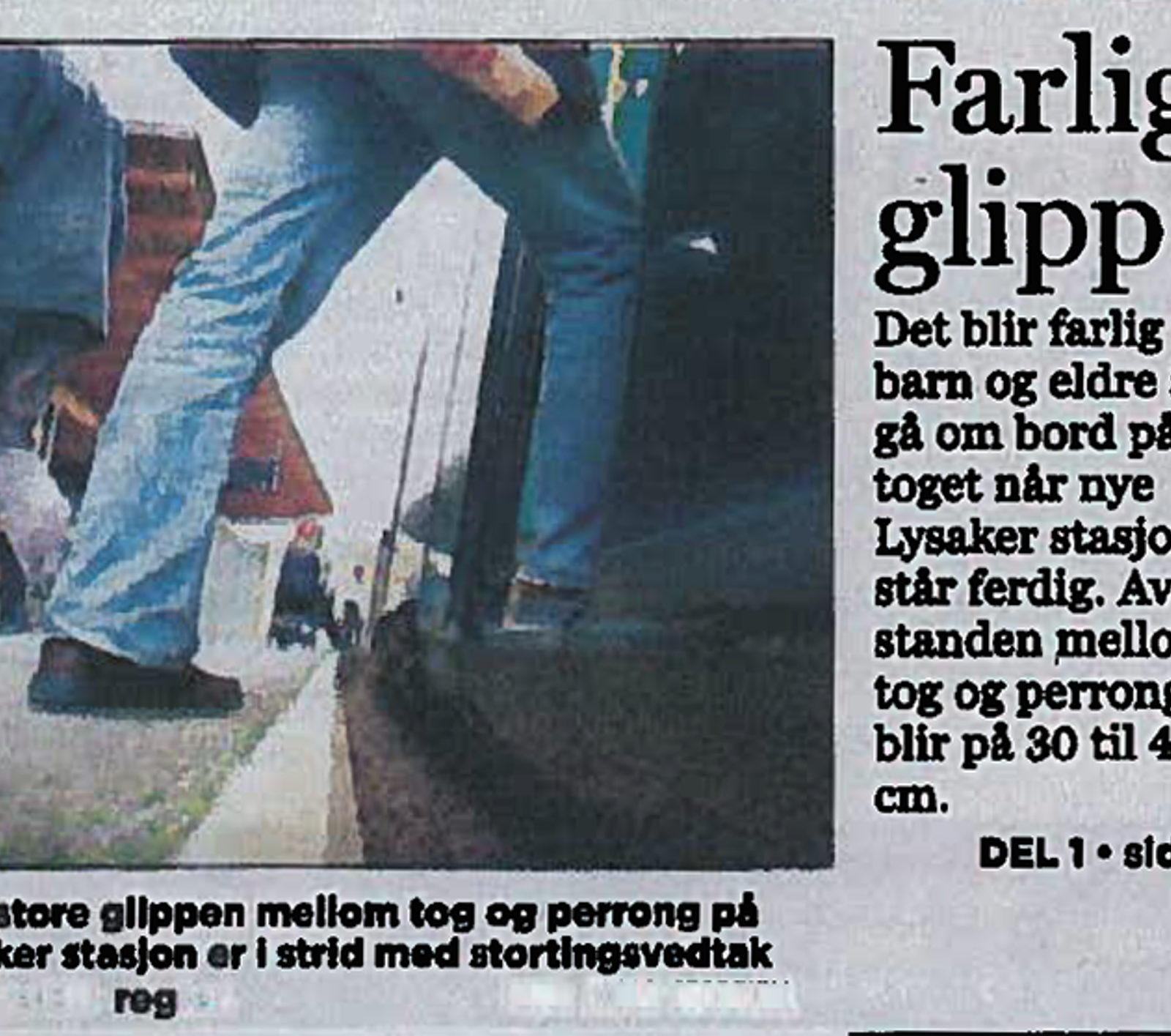 Faksimile fra Aftenposten om farlig glippe mellom tog og plattform ved nye Lysaker stasjon.