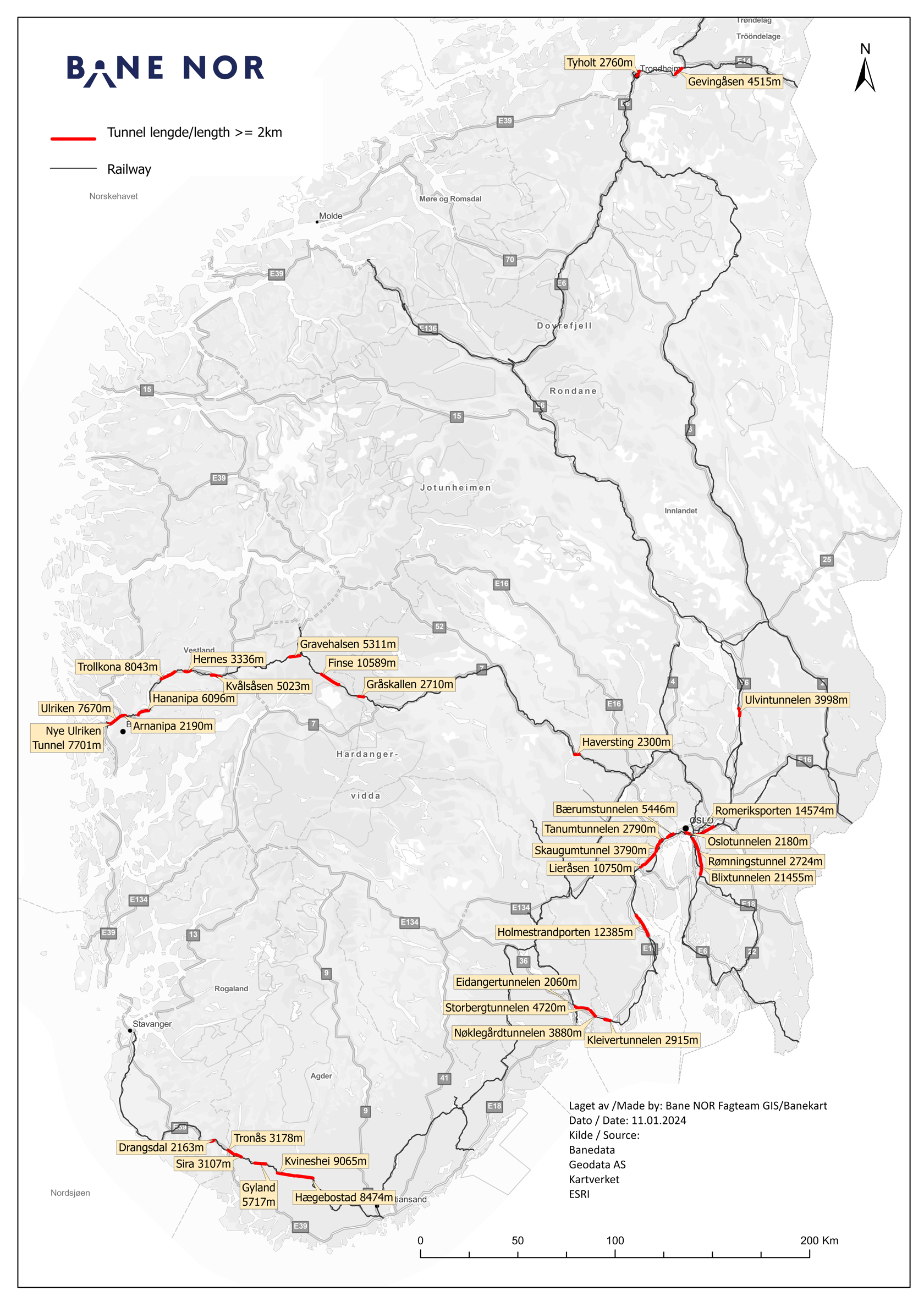 Map of tunnels in Southern Norway.