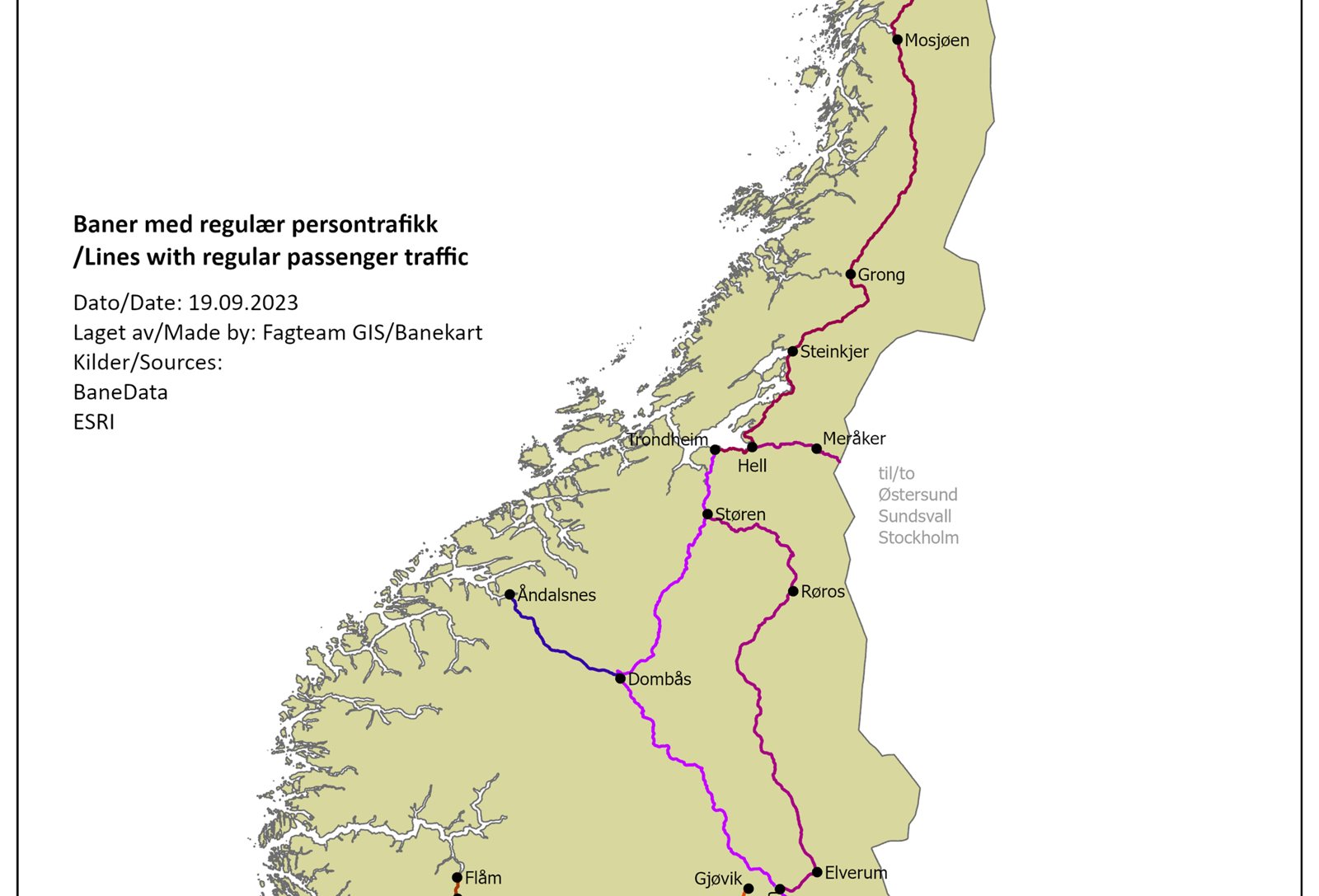 Strekningskart som viser de ulike strekningene langs det norske jernbanenettverket. 