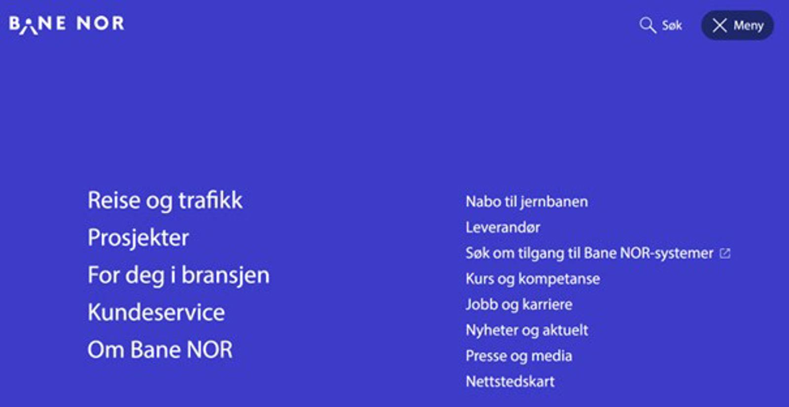 Viser navigasjonsmenyen på banenor.no som er kjernesidene.