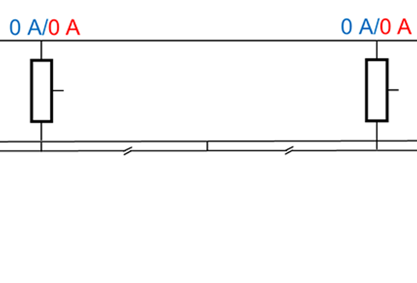 Strømdiagram uten tog, der ingen strøm flyter gjennom kontaktledning eller autotransformatorer.