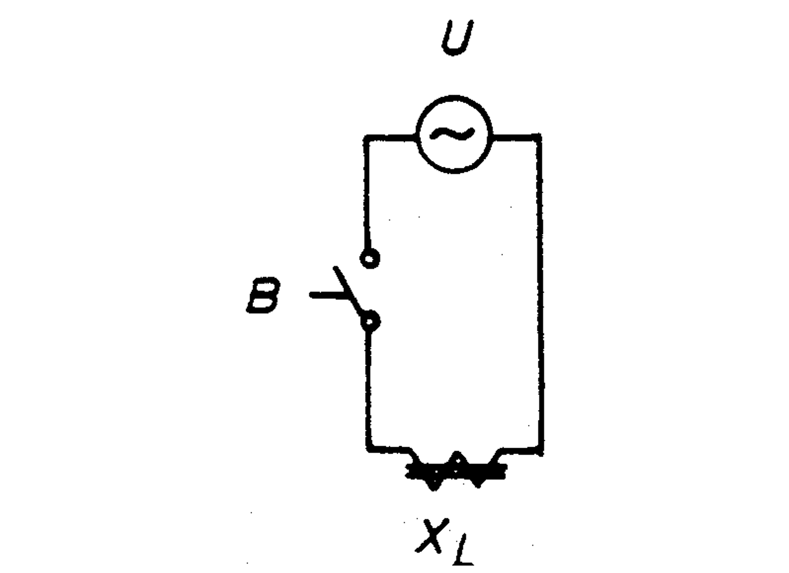 Vekselstrømskrets med bryter og spole som representerer induktiv reaktans XL.