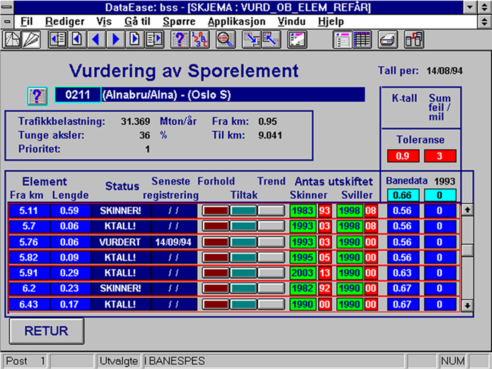 Skjermbilde fra vurderingssystem for sporelementer med data om feil, tiltak og utskifting.