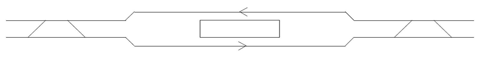 Stasjon med mellomplattform på dobbeltsporet bane, med overkjøringsspor i begge ender.